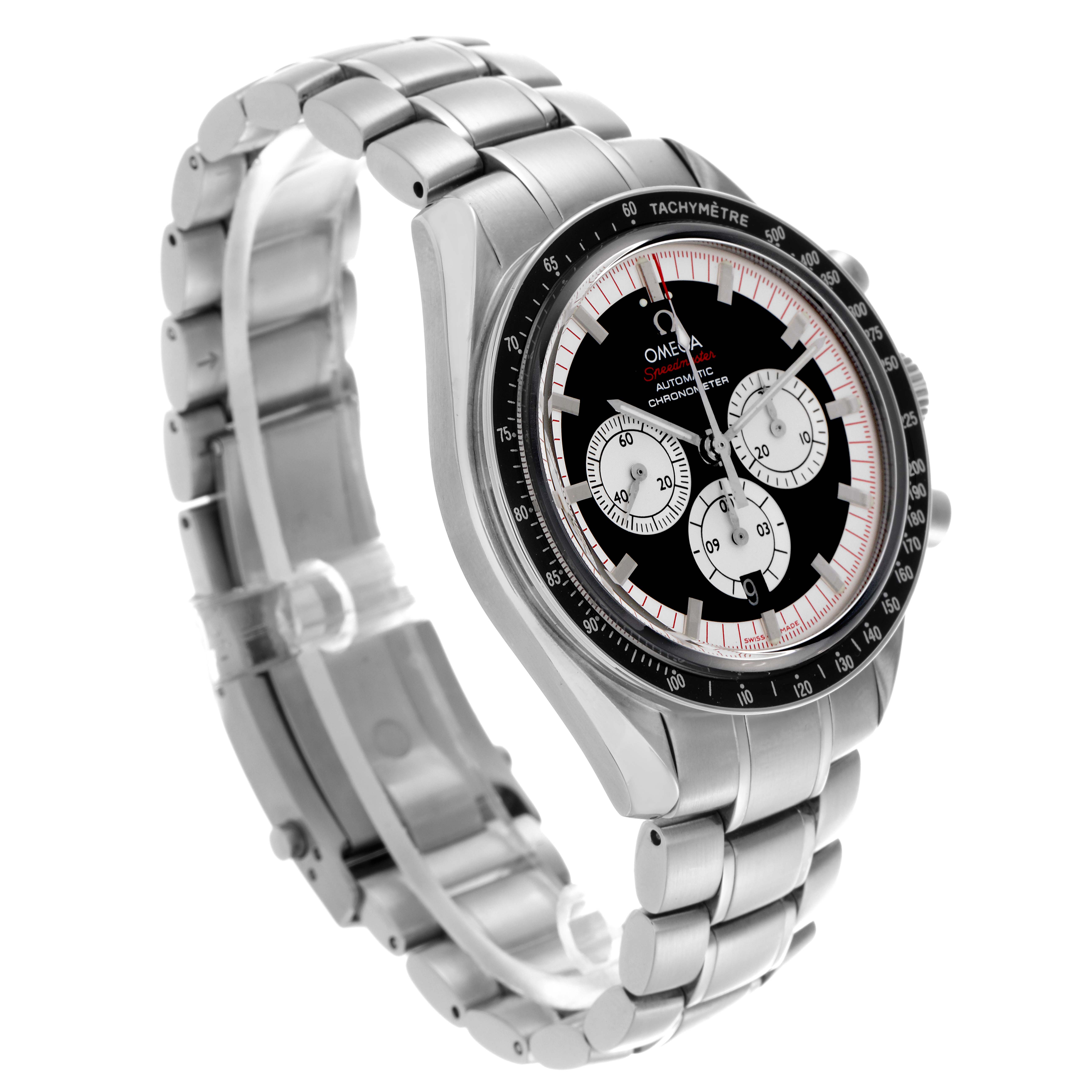 The Omega Speedmaster 3507.51.00 Men
s Stainless Steel Black Dial 3507.51.00 Men
s Stainless Steel Black Dial watch is shown at a three-quarter angle, highlighting the face, bezel, and steel bracelet.