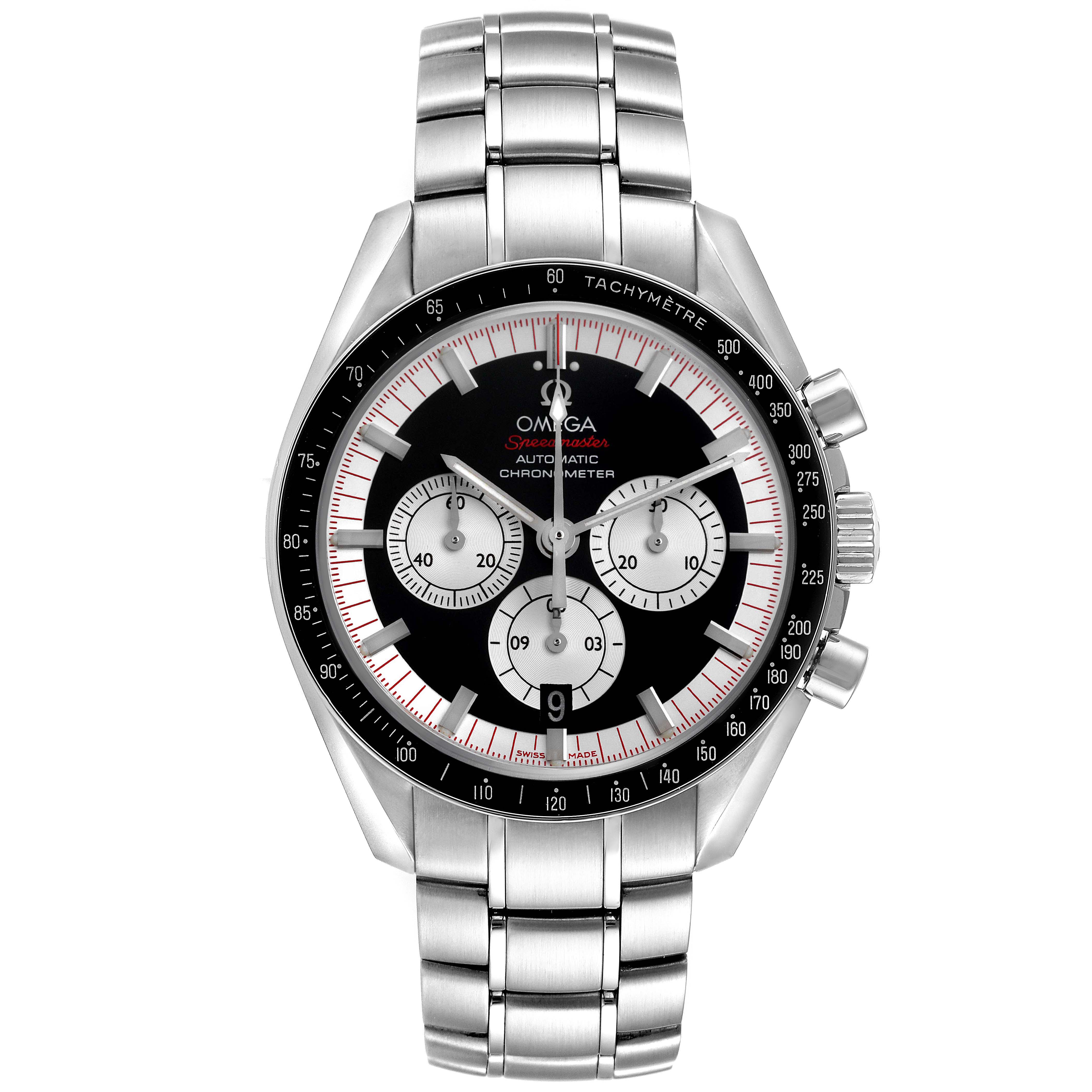 The Omega Speedmaster 3507.51.00 Men
s Stainless Steel Black Dial 3507.51.00 Men
s Stainless Steel Black Dial is shown from a top view, highlighting the stainless steel bracelet, tachymeter bezel, and chronograph dials.