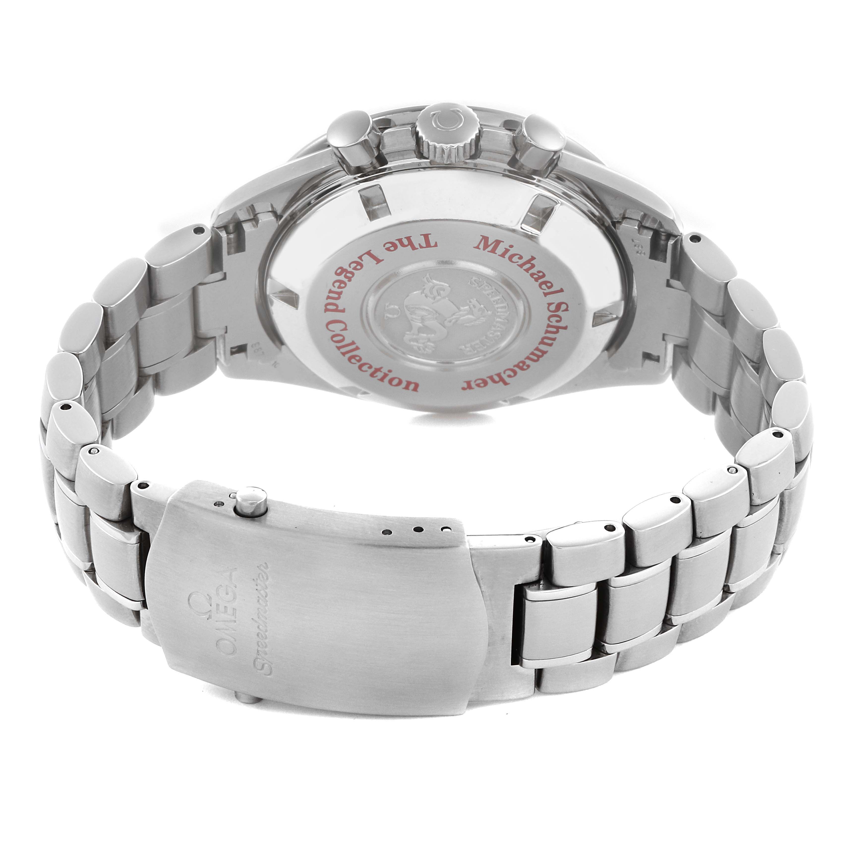 The Omega Speedmaster 3507.51.00 Men
s Stainless Steel Black Dial 3507.51.00 Men
s Stainless Steel Black Dial watch is shown from the back, highlighting the clasp, bracelet, and case back.