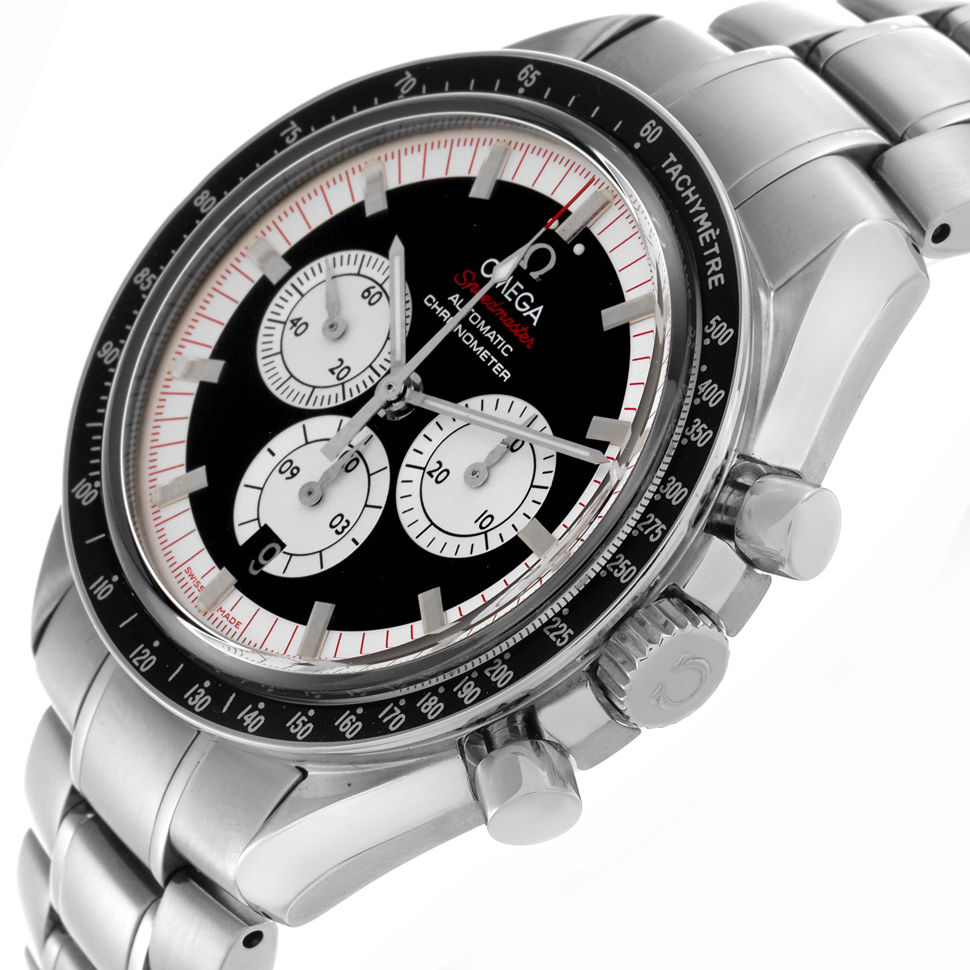 The Omega Speedmaster 3507.51.00 Men
s Stainless Steel Black Dial 3507.51.00 Men
s Stainless Steel Black Dial watch is shown at an angle highlighting the face, chronograph dials, bezel, crown, and bracelet.