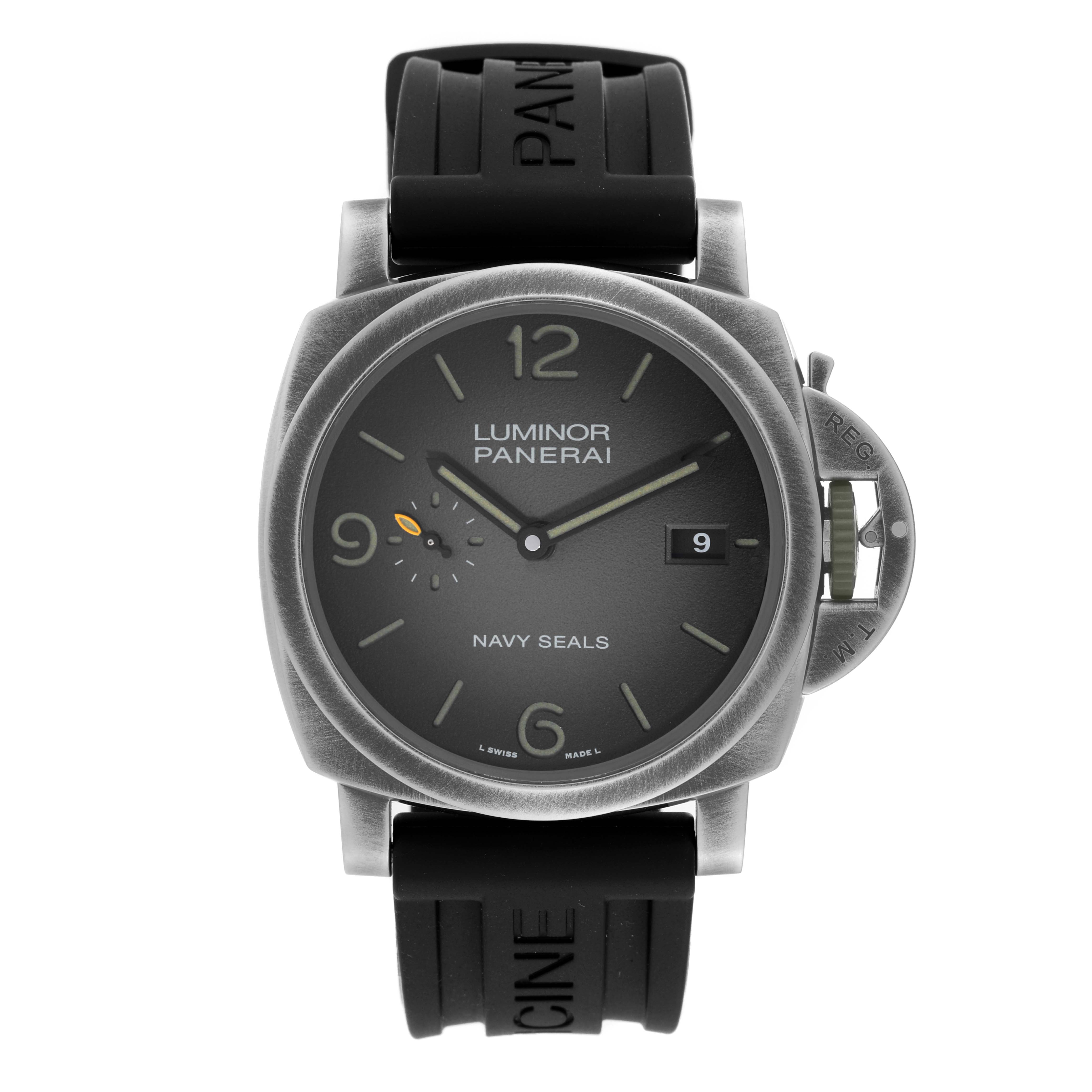 The image shows a front view of the Panerai Luminor PAM01412 Men's Stainless Steel Grey Dial PAM01412 Men's Stainless Steel Grey Dial Navy Seals watch, featuring the dial, crown guard, and rubber strap.