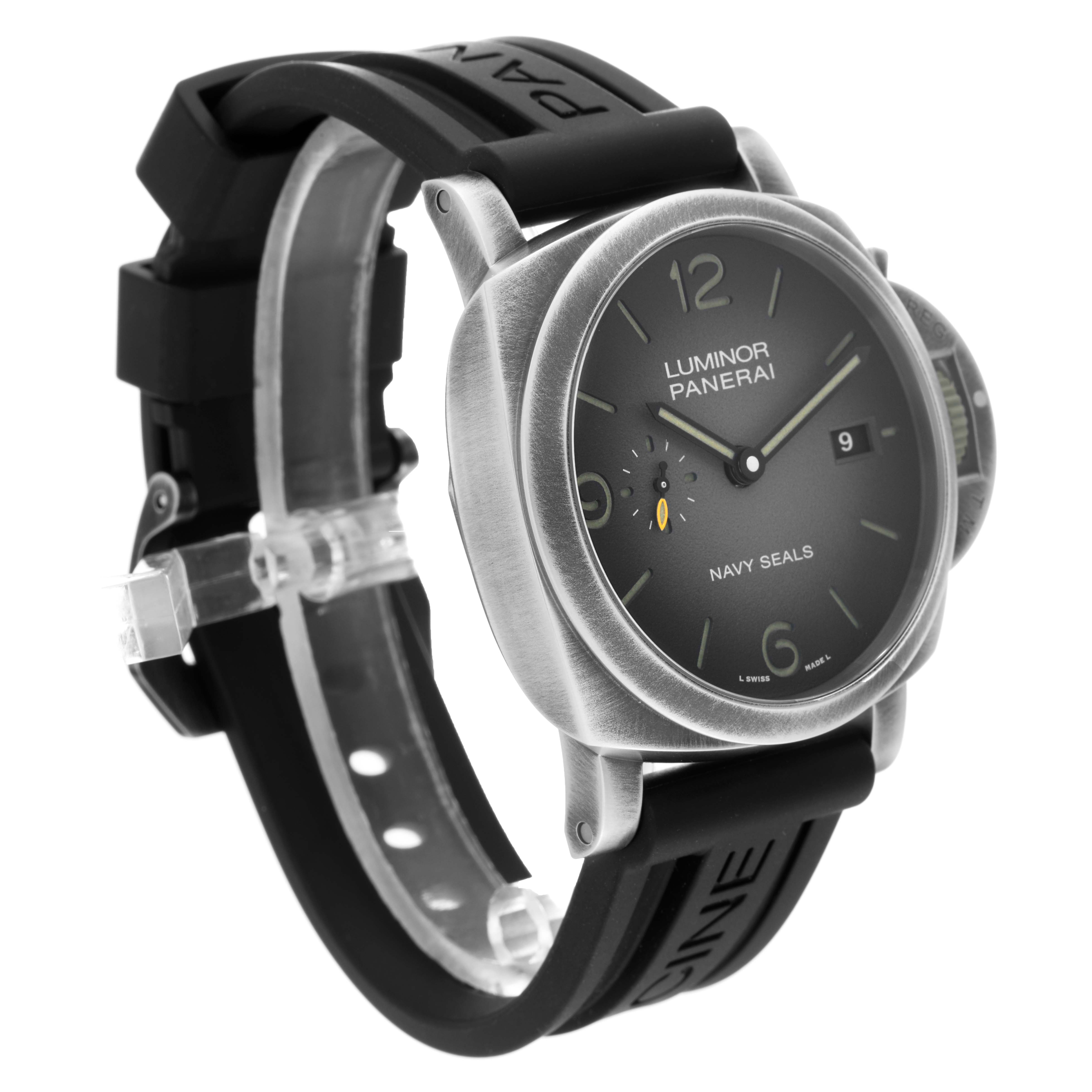 The image shows a Panerai Luminor PAM01412 Men's Stainless Steel Grey Dial PAM01412 Men's Stainless Steel Grey Dial watch in a three-quarter angle, highlighting the dial, strap, crown, and case.