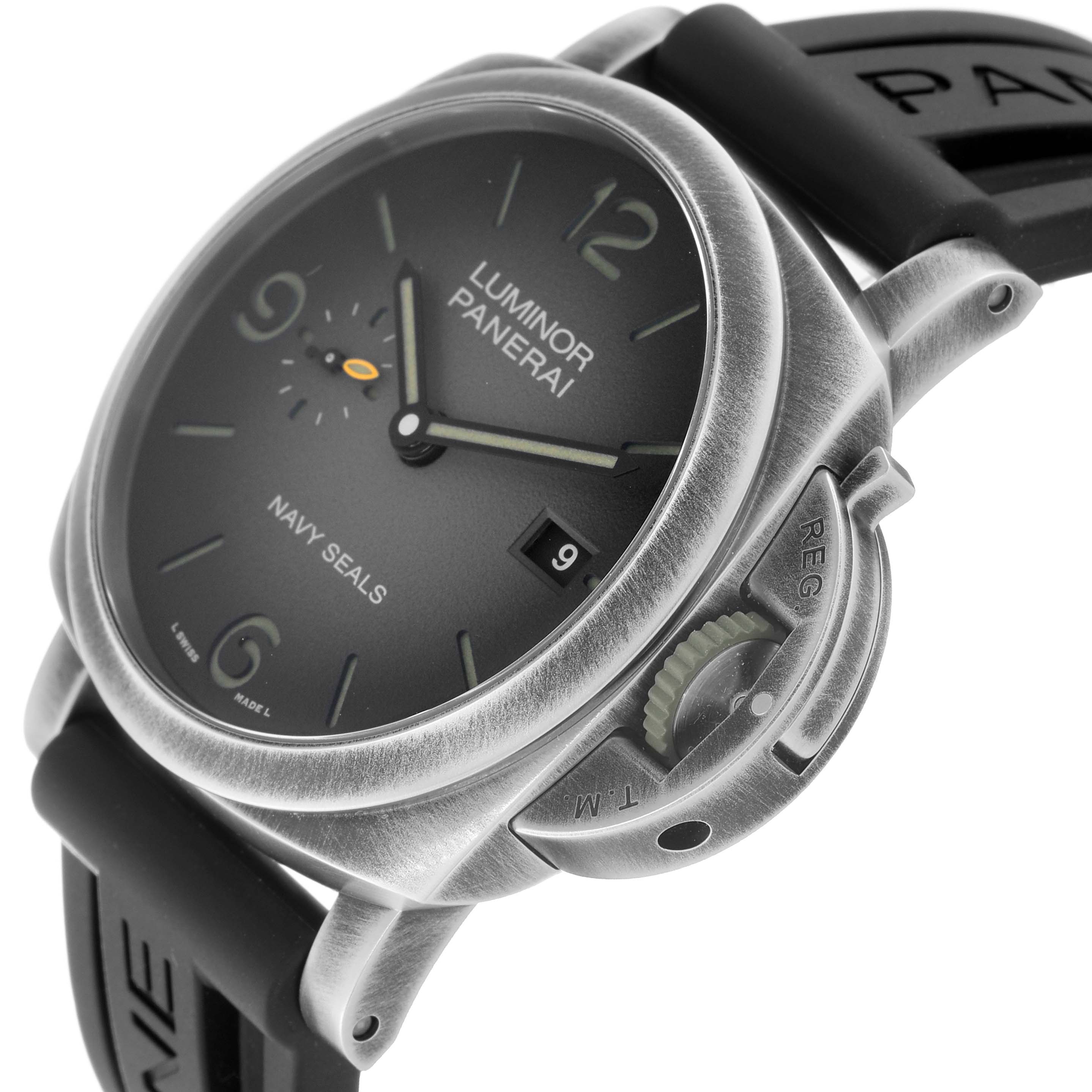 The image shows a side-angle view of the Panerai Luminor PAM01412 Men's Stainless Steel Grey Dial PAM01412 Men's Stainless Steel Grey Dial watch, highlighting the dial, crown guard, and strap attachment.