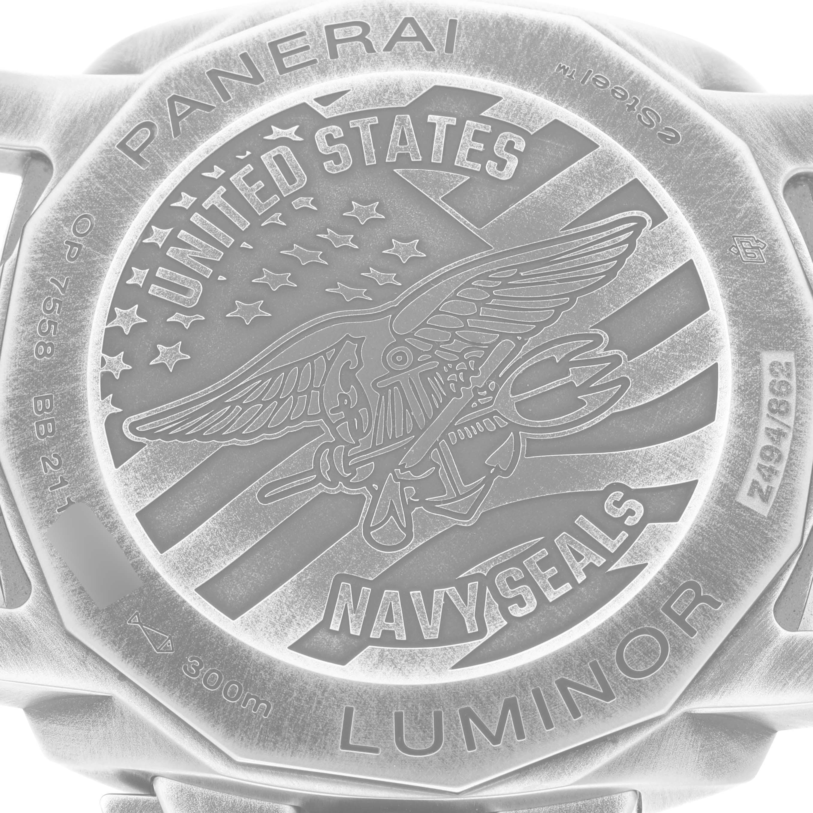 The image shows the case back of a Panerai Luminor PAM01412 Men's Stainless Steel Grey Dial PAM01412 Men's Stainless Steel Grey Dial model watch, engraved with a United States Navy Seals design.