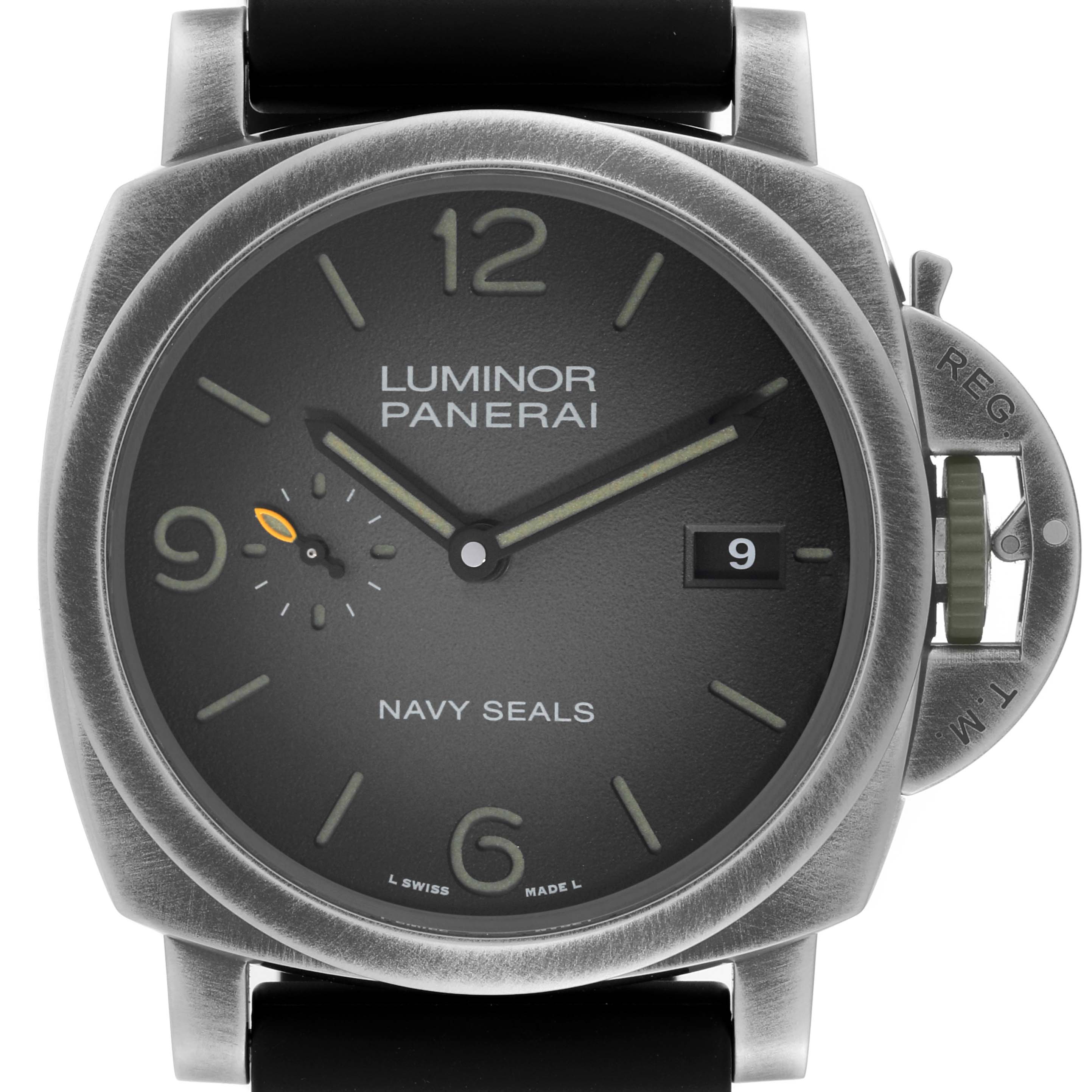 The image shows a front view of the Panerai Luminor PAM01412 Men's Stainless Steel Grey Dial PAM01412 Men's Stainless Steel Grey Dial watch model, displaying its face, numbers, and crown guard.