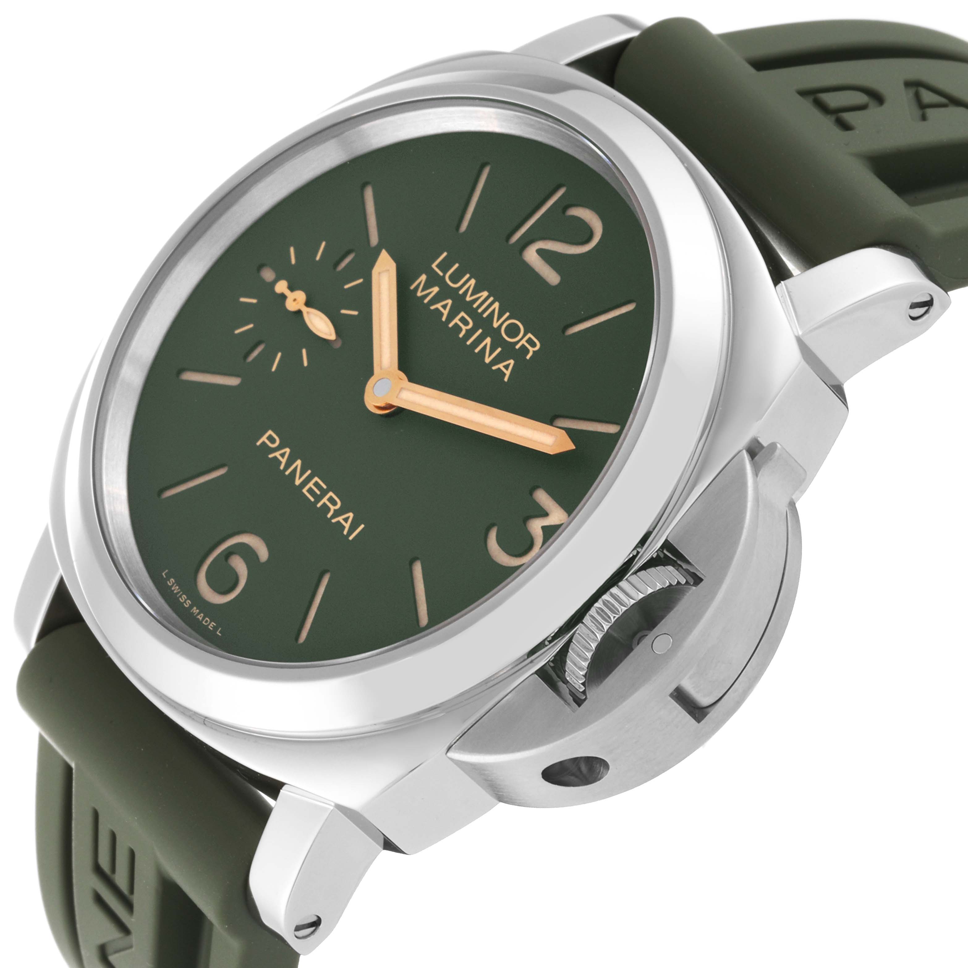 The image shows the front and side view of a Panerai Luminor PAM00911 Men's Stainless Steel Green Dial PAM00911 Men's Stainless Steel Green Dial watch with a green dial and a crown guard.