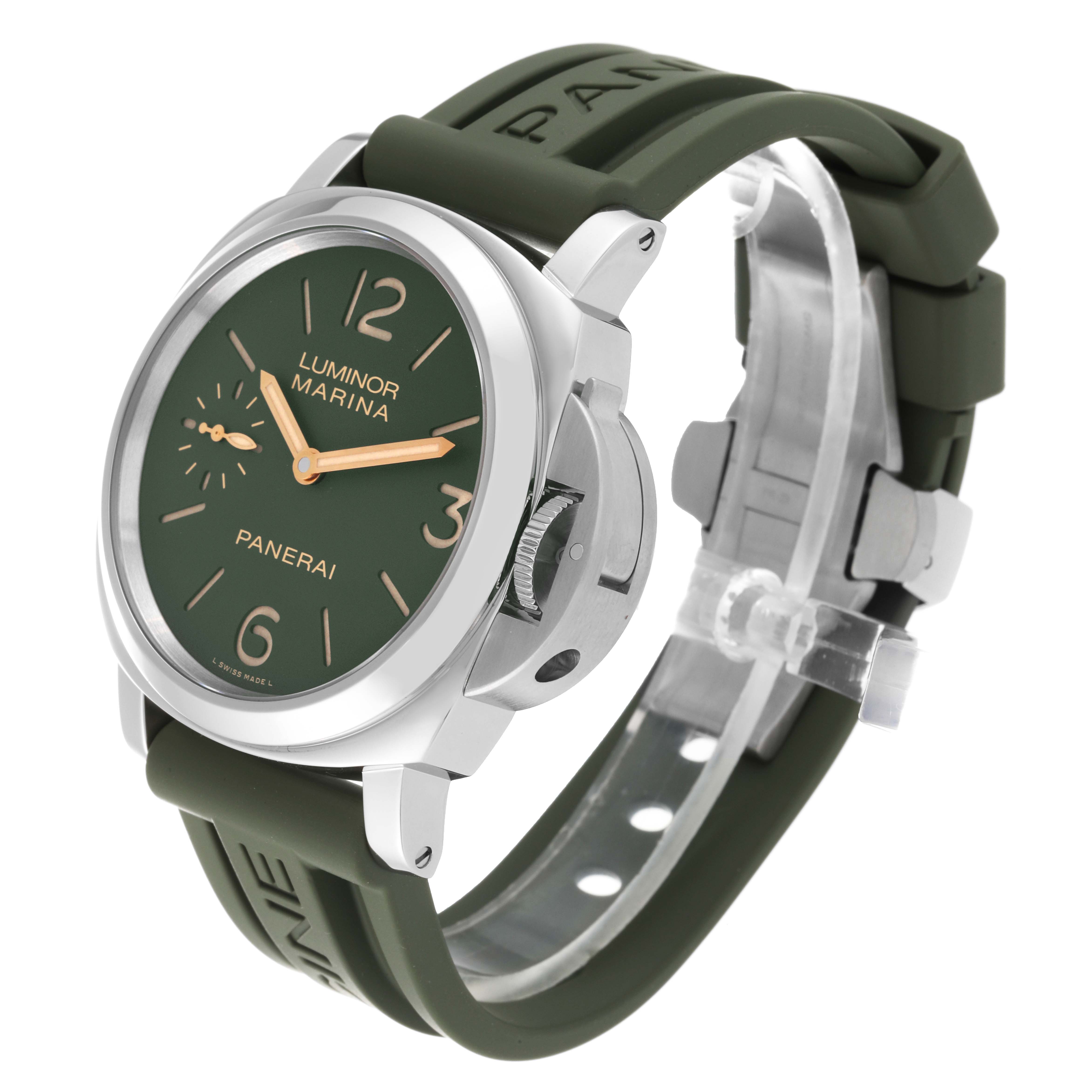 The image shows a Panerai Luminor PAM00911 Men's Stainless Steel Green Dial PAM00911 Men's Stainless Steel Green Dial Marina watch at a slight front-side angle, highlighting the green dial, case, and strap.