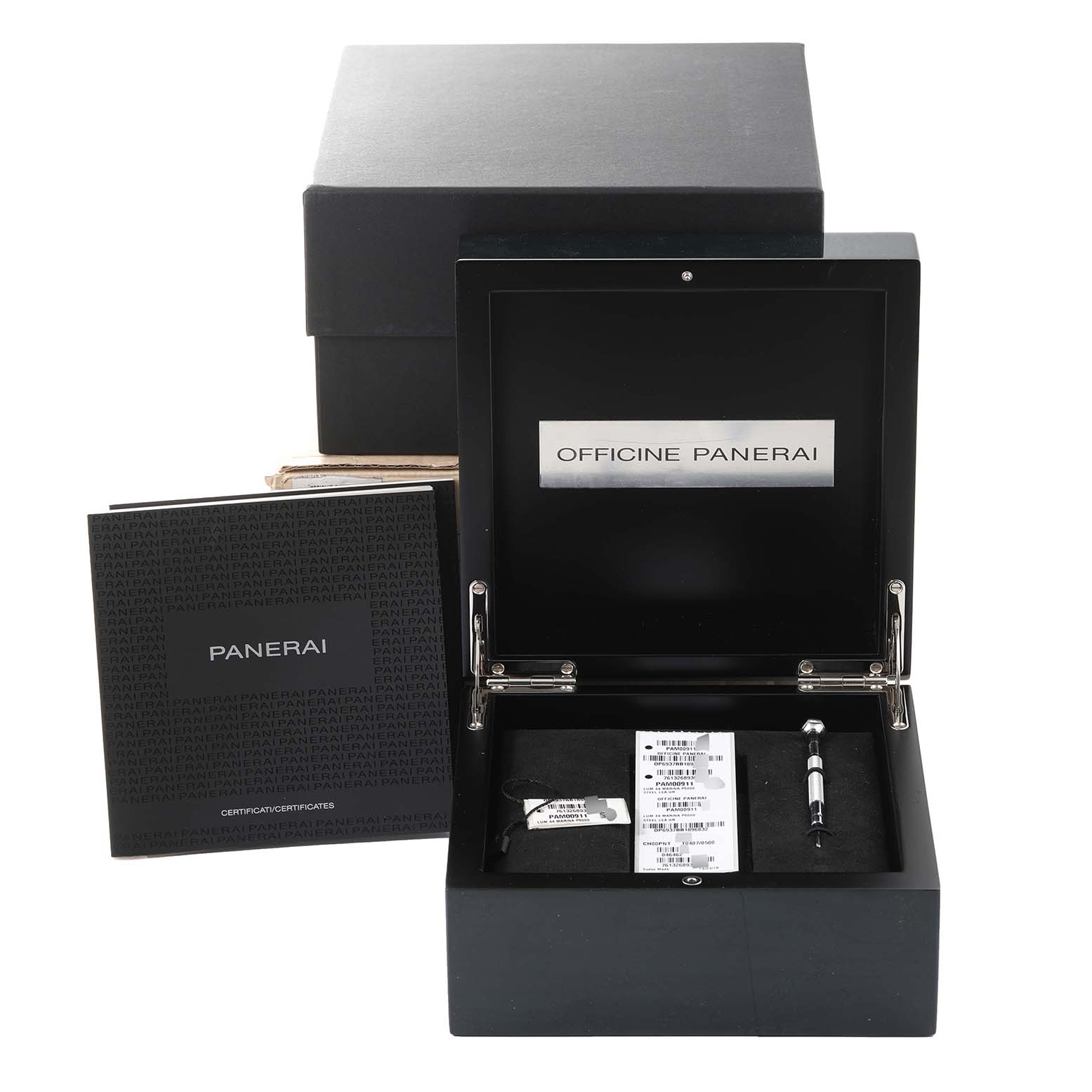 The image shows the open box and packaging of a Panerai Luminor PAM00911 Men's Stainless Steel Green Dial PAM00911 Men's Stainless Steel Green Dial watch, including the certificate and accessories.