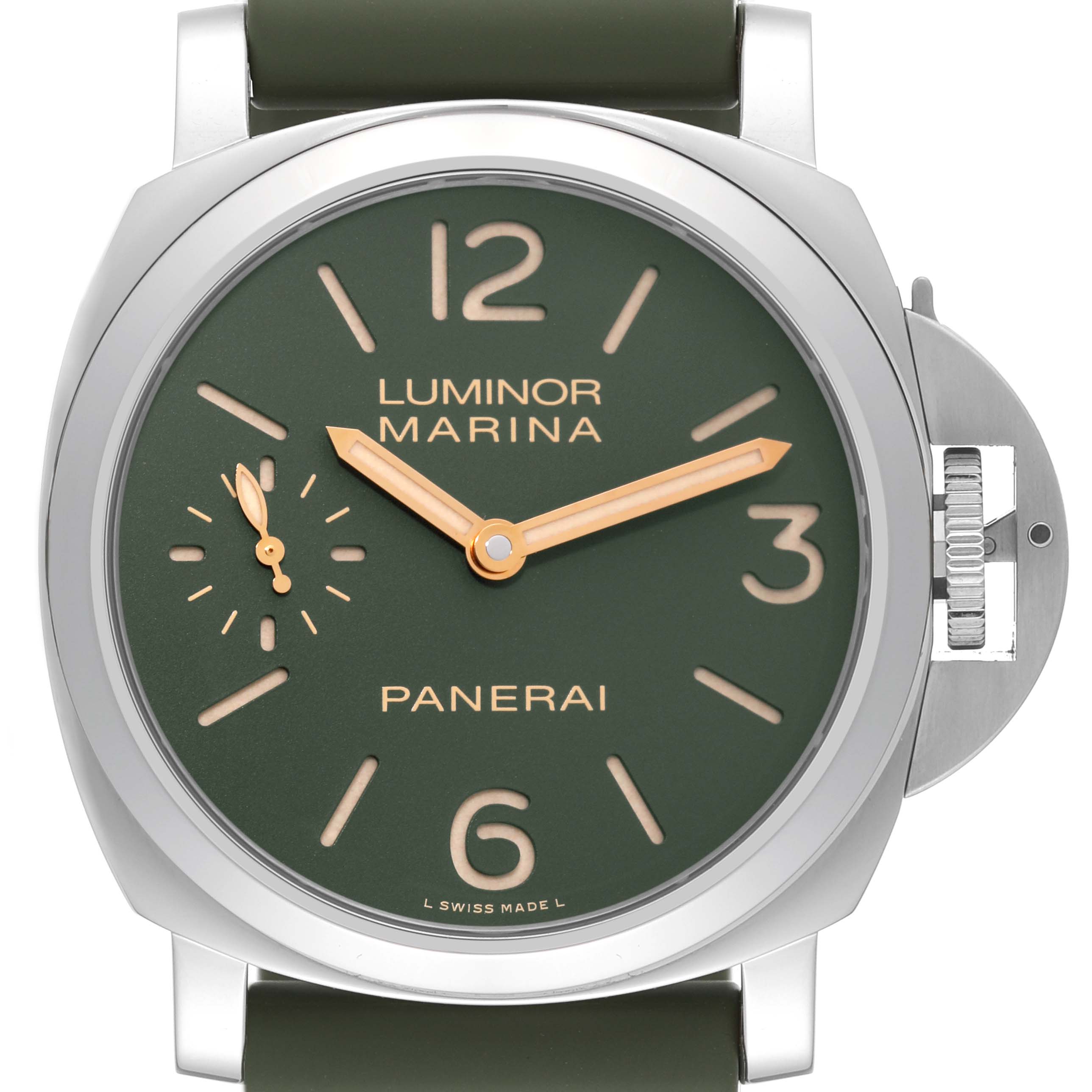 The image shows a front view of a Panerai Luminor PAM00911 Men's Stainless Steel Green Dial PAM00911 Men's Stainless Steel Green Dial Marina watch, highlighting its green dial, orange hands, and distinctive crown guard.