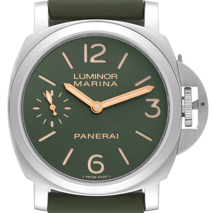 The image shows a front view of a Panerai Luminor Marina watch, highlighting its green dial, orange hands, and distinctive crown guard.