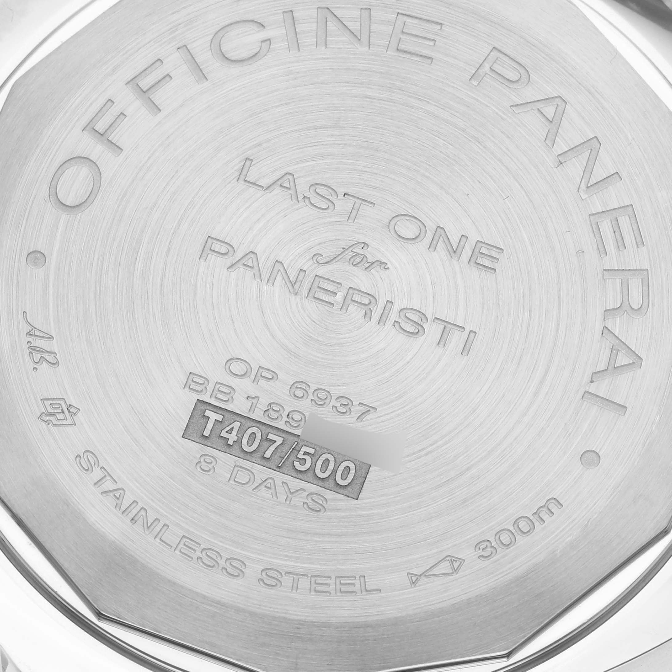 This image shows the back case of a Panerai Luminor PAM00911 Men's Stainless Steel Green Dial PAM00911 Men's Stainless Steel Green Dial watch, engraved with model details and the edition number.