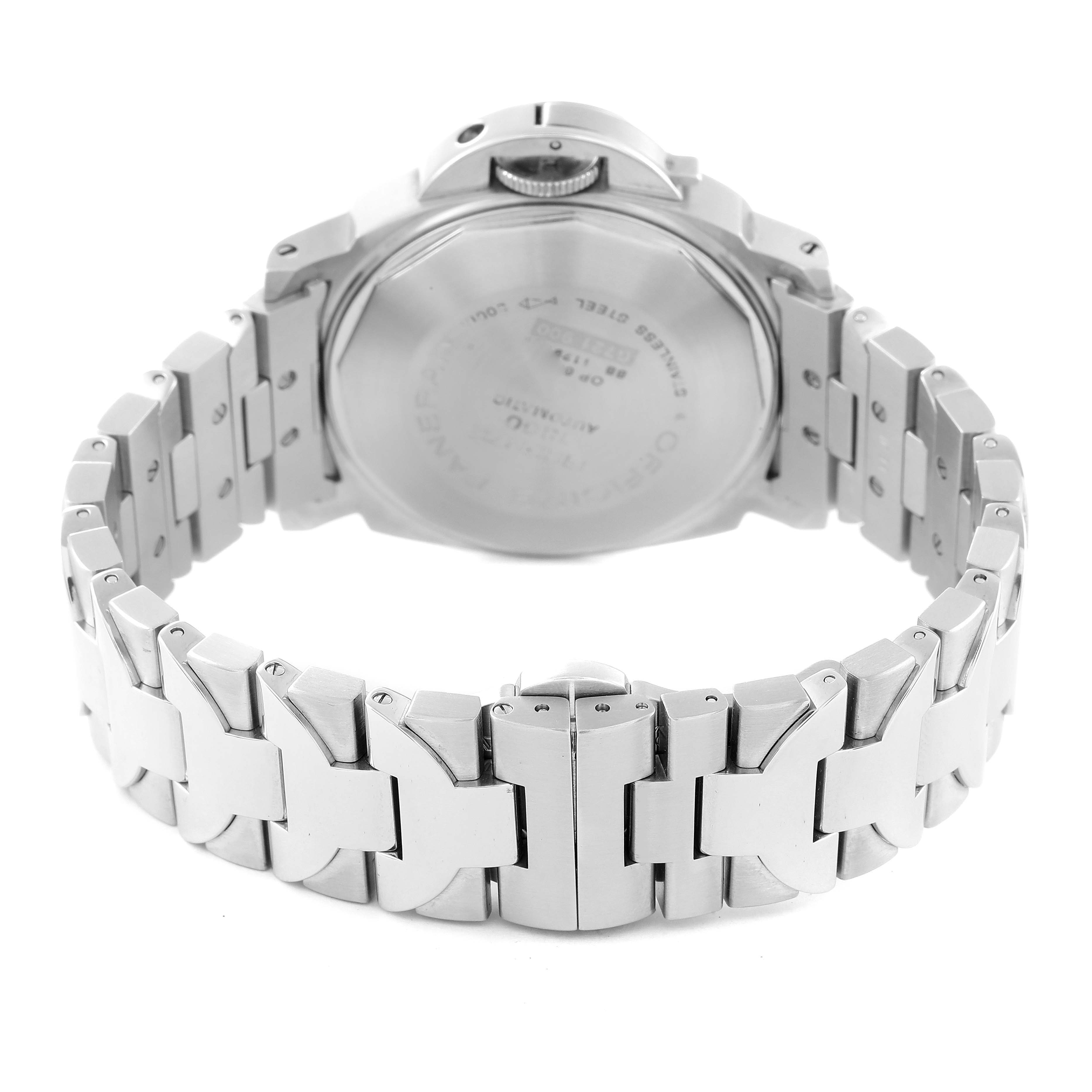 The image shows the back and strap of a Panerai Luminor PAM00050 Men's Stainless Steel Black Dial PAM00050 Men's Stainless Steel Black Dial watch from a slightly elevated rear angle.