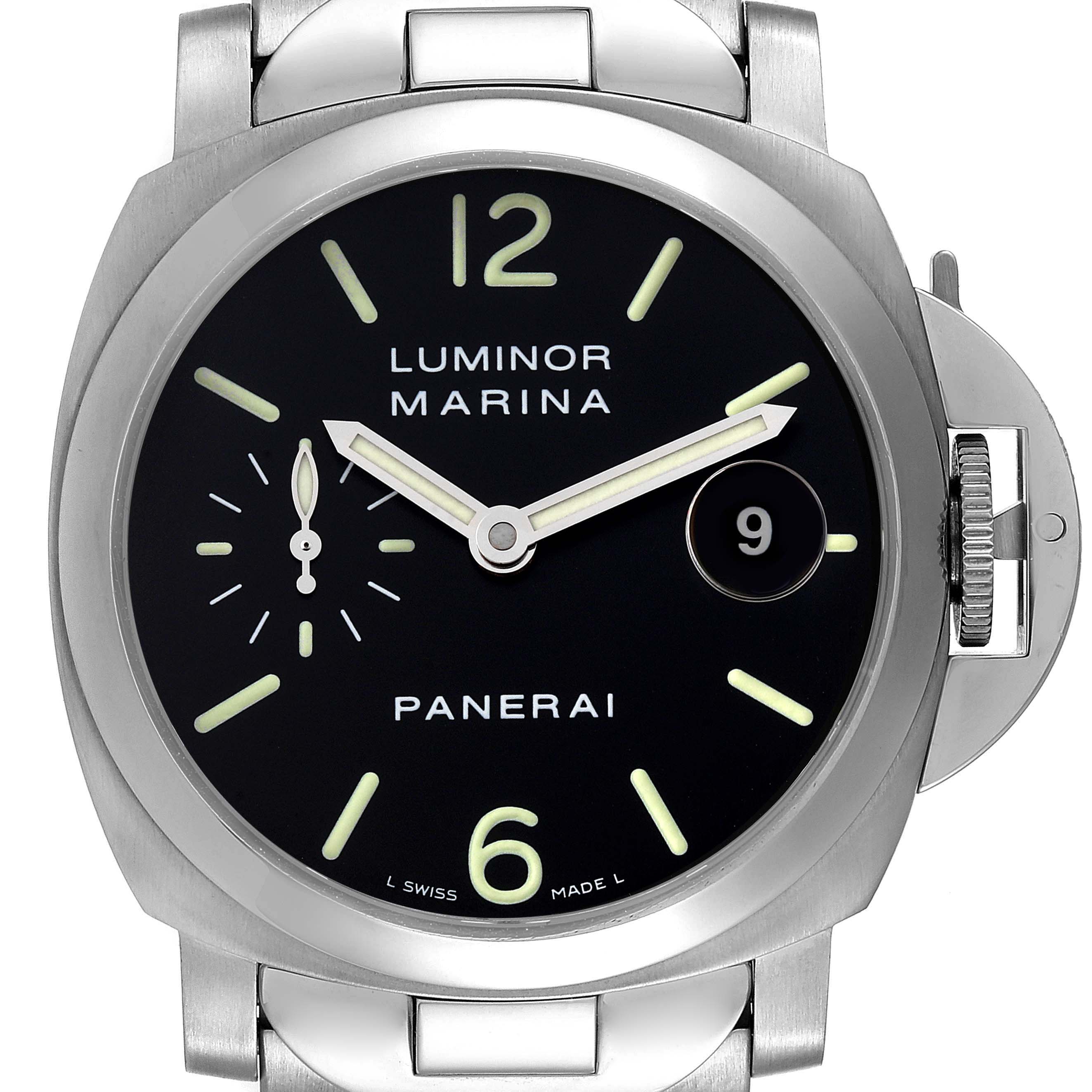 The image shows a front view of the Panerai Luminor PAM00050 Men's Stainless Steel Black Dial PAM00050 Men's Stainless Steel Black Dial Marina watch with its dial, hands, date window, and crown guard.