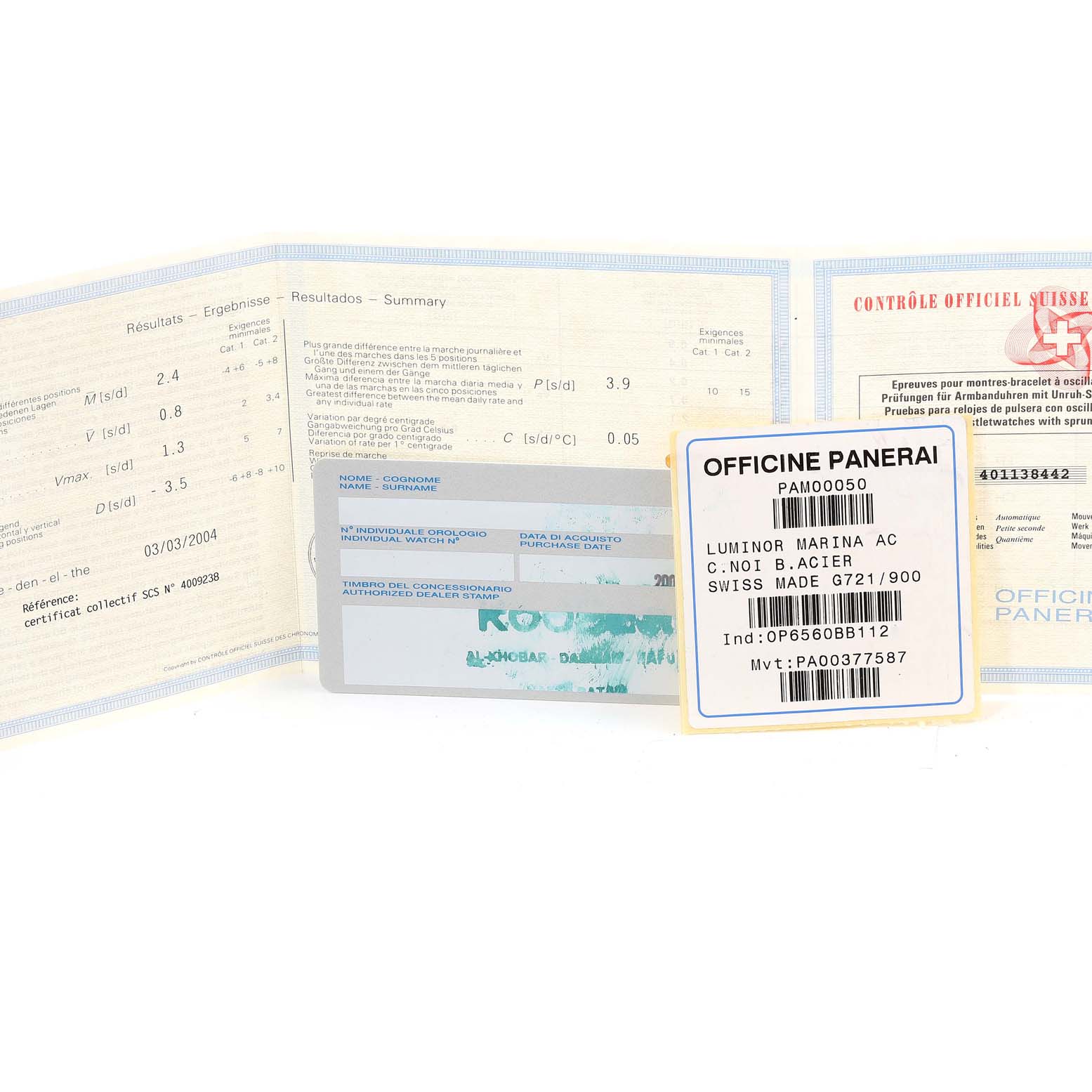 The image shows warranty cards and documentation for the Panerai Luminor PAM00050 Men's Stainless Steel Black Dial PAM00050 Men's Stainless Steel Black Dial watch model.