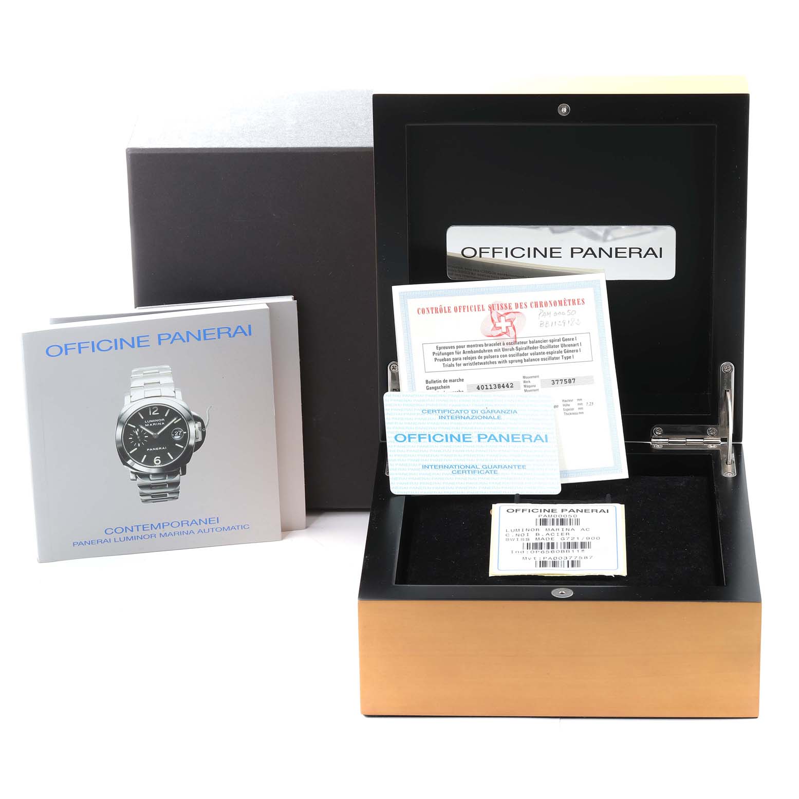 This image shows the packaging and accessories for a Panerai Luminor PAM00050 Men's Stainless Steel Black Dial PAM00050 Men's Stainless Steel Black Dial watch, including booklets and certificates.