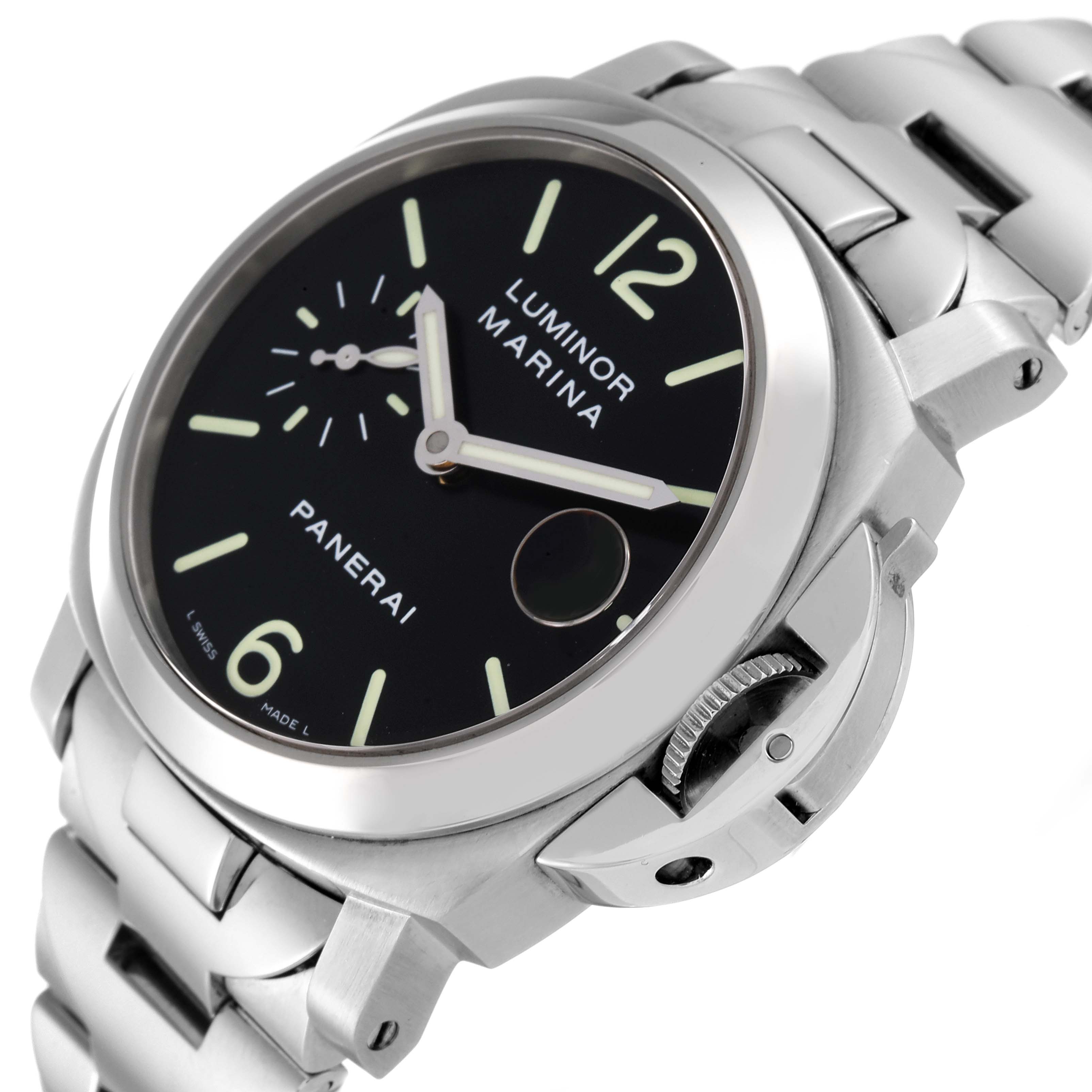 This image shows a close-up view of a Panerai Luminor PAM00050 Men's Stainless Steel Black Dial PAM00050 Men's Stainless Steel Black Dial watch, highlighting the dial, crown guard, and part of the bracelet.