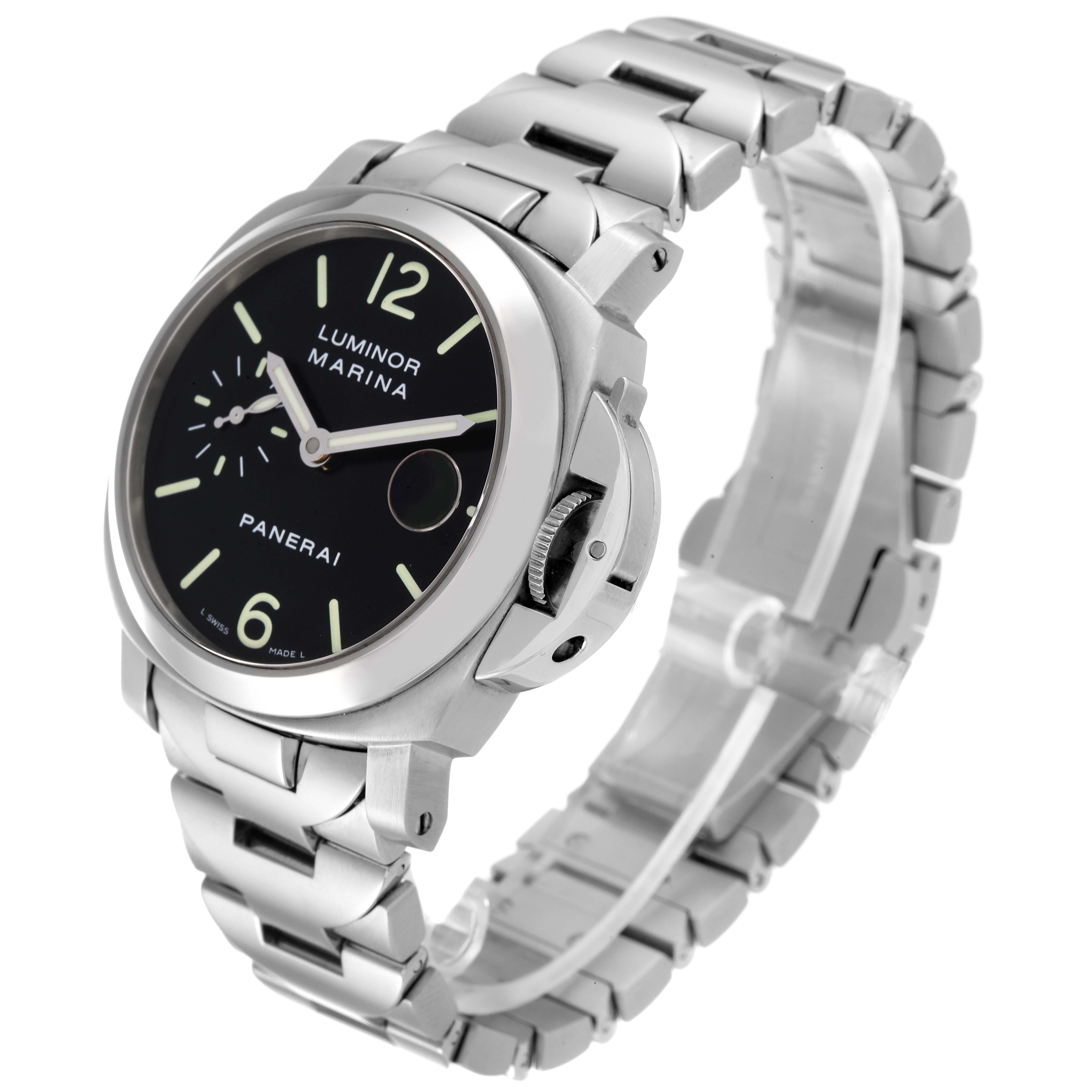 The image shows a Panerai Luminor PAM00050 Men's Stainless Steel Black Dial PAM00050 Men's Stainless Steel Black Dial Marina watch at an angle highlighting the face, crown, and bracelet.