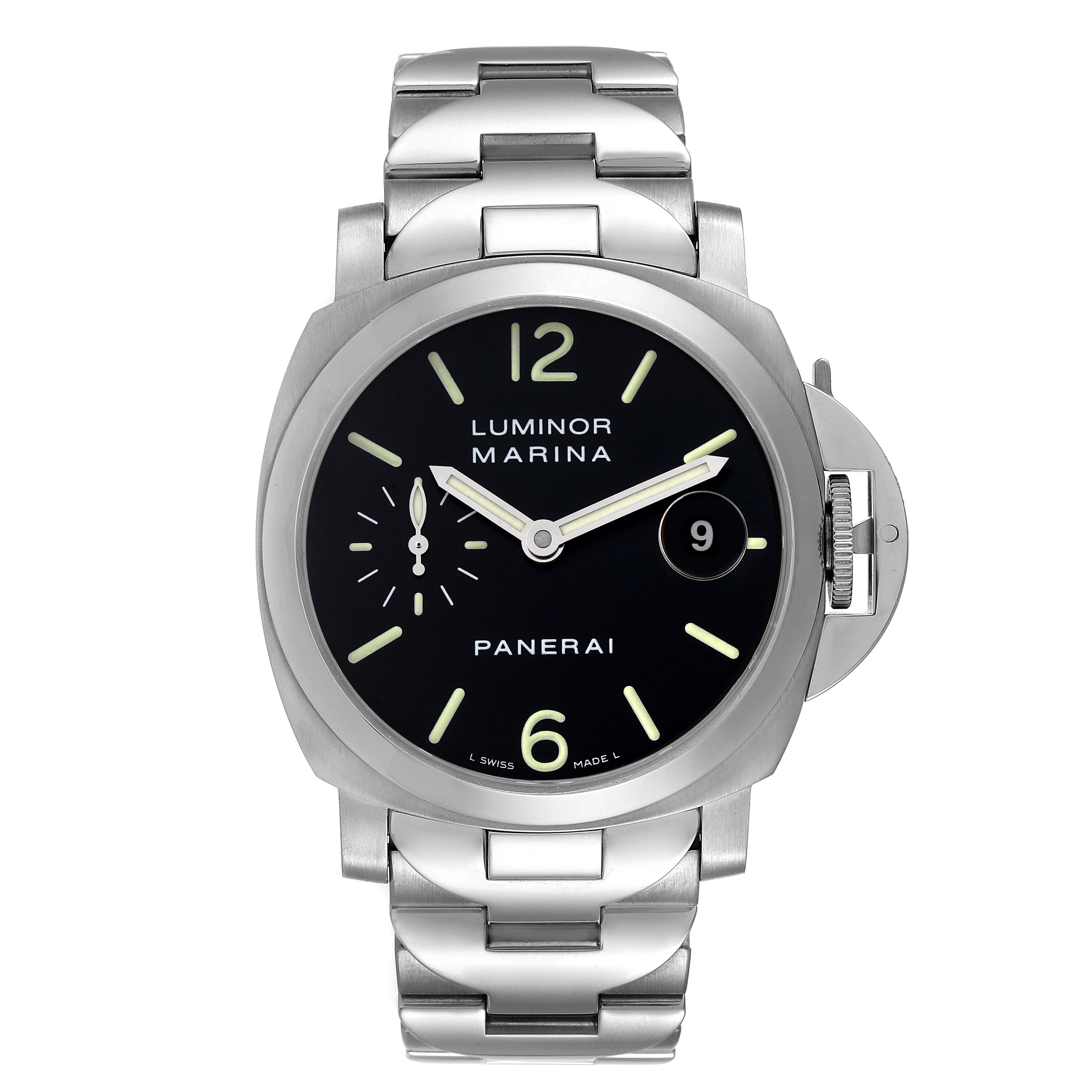 The image shows a frontal view of the Panerai Luminor PAM00050 Men's Stainless Steel Black Dial PAM00050 Men's Stainless Steel Black Dial Marina watch with a stainless steel bracelet.