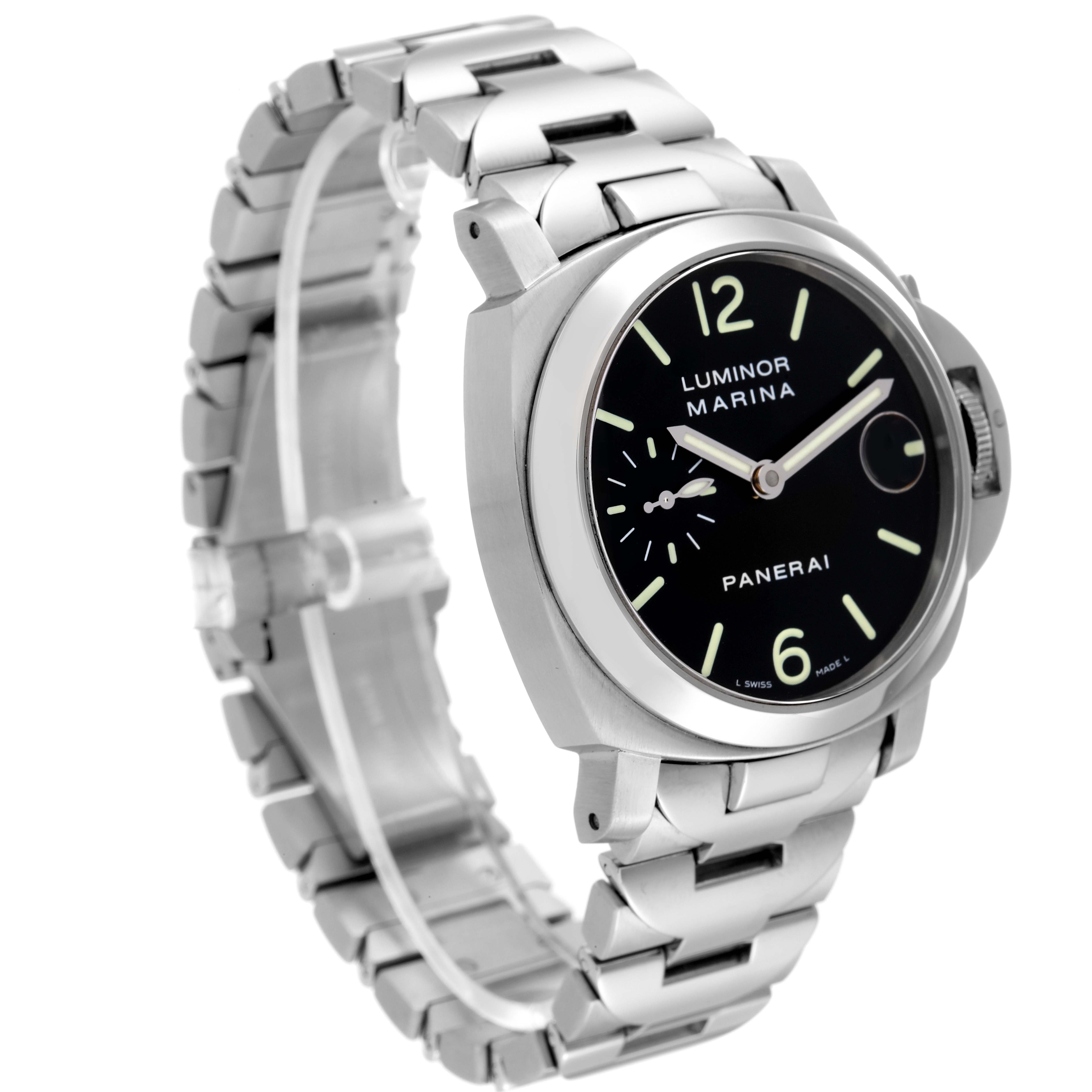 The image shows a Panerai Luminor PAM00050 Men's Stainless Steel Black Dial PAM00050 Men's Stainless Steel Black Dial watch taken from a front-side angle, highlighting its face, bezel, and metal bracelet.