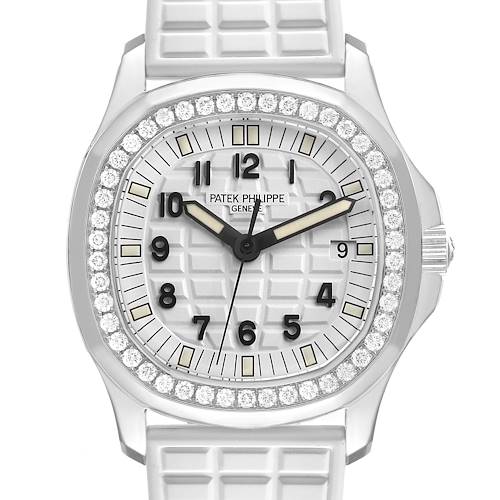 The image shows a front view of a Patek Philippe Aquanaut 5067A/011 Women's Stainless Steel White Dial watch, highlighting the diamond-set bezel and white patterned dial.