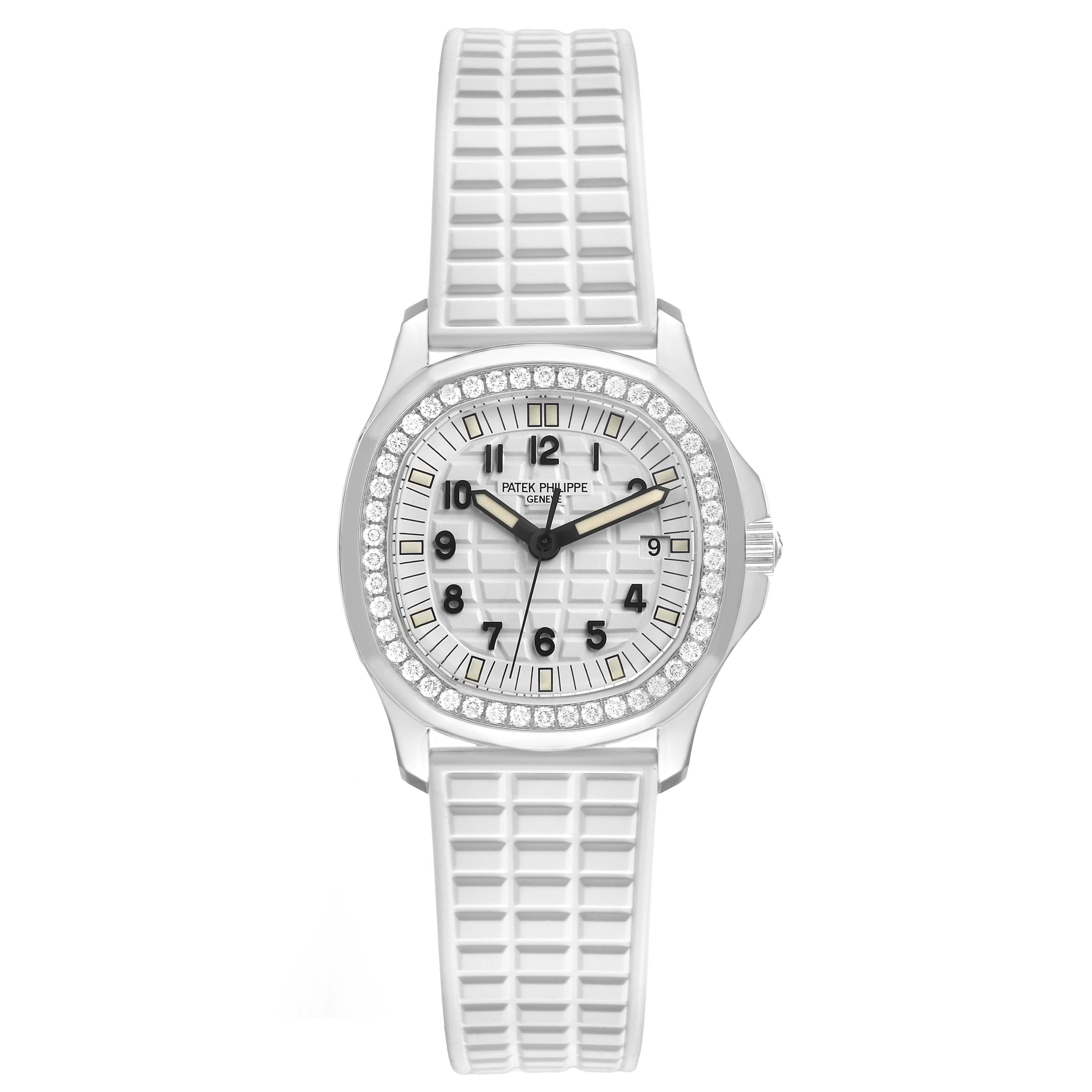 The Patek Philippe Aquanaut 5067A/011 Women's Stainless Steel White Dial watch is shown from the front, displaying the dial, bezel, and strap.