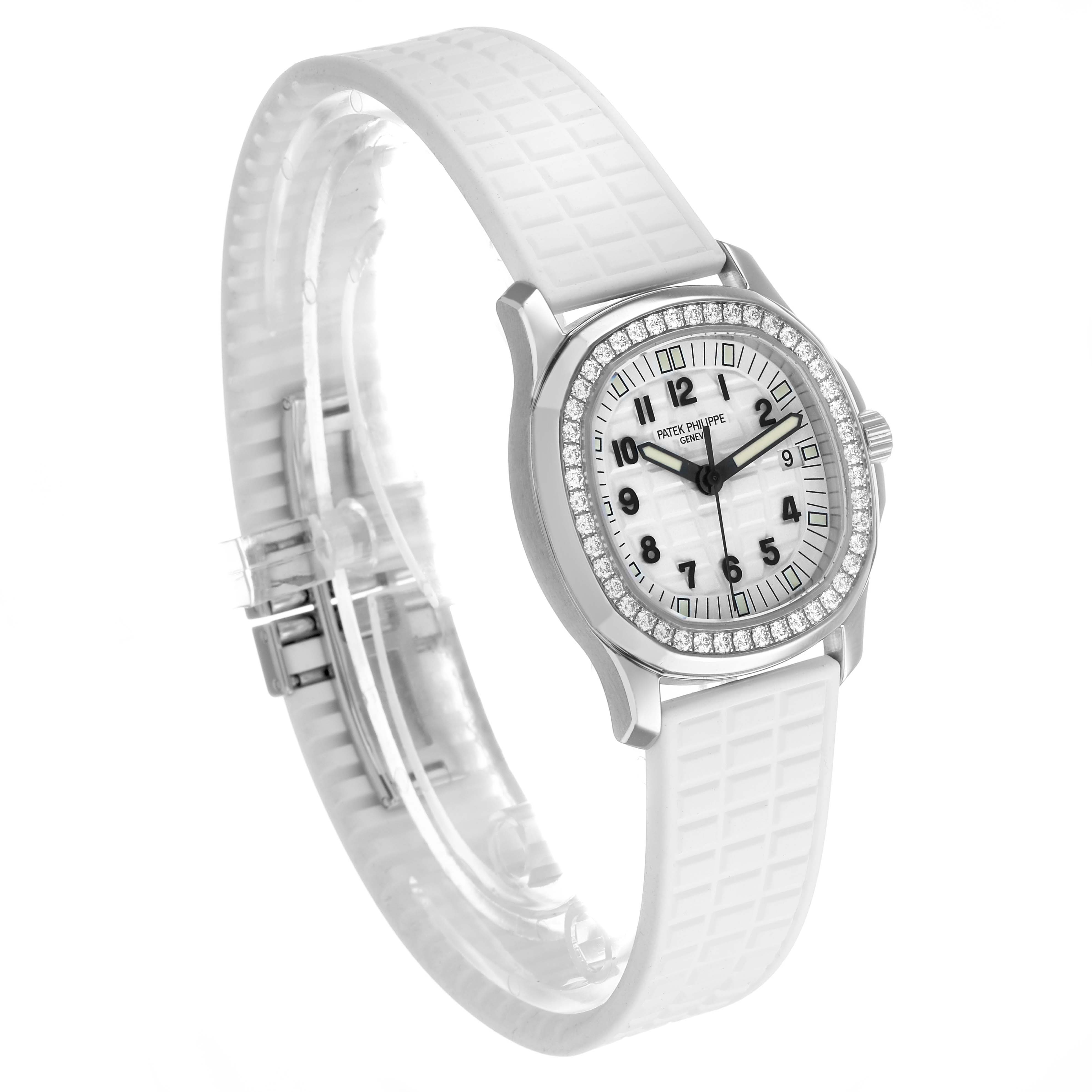 The image shows a Patek Philippe Aquanaut 5067A/011 Women's Stainless Steel White Dial watch at a three-quarter angle, highlighting the bezel, dial, and strap.