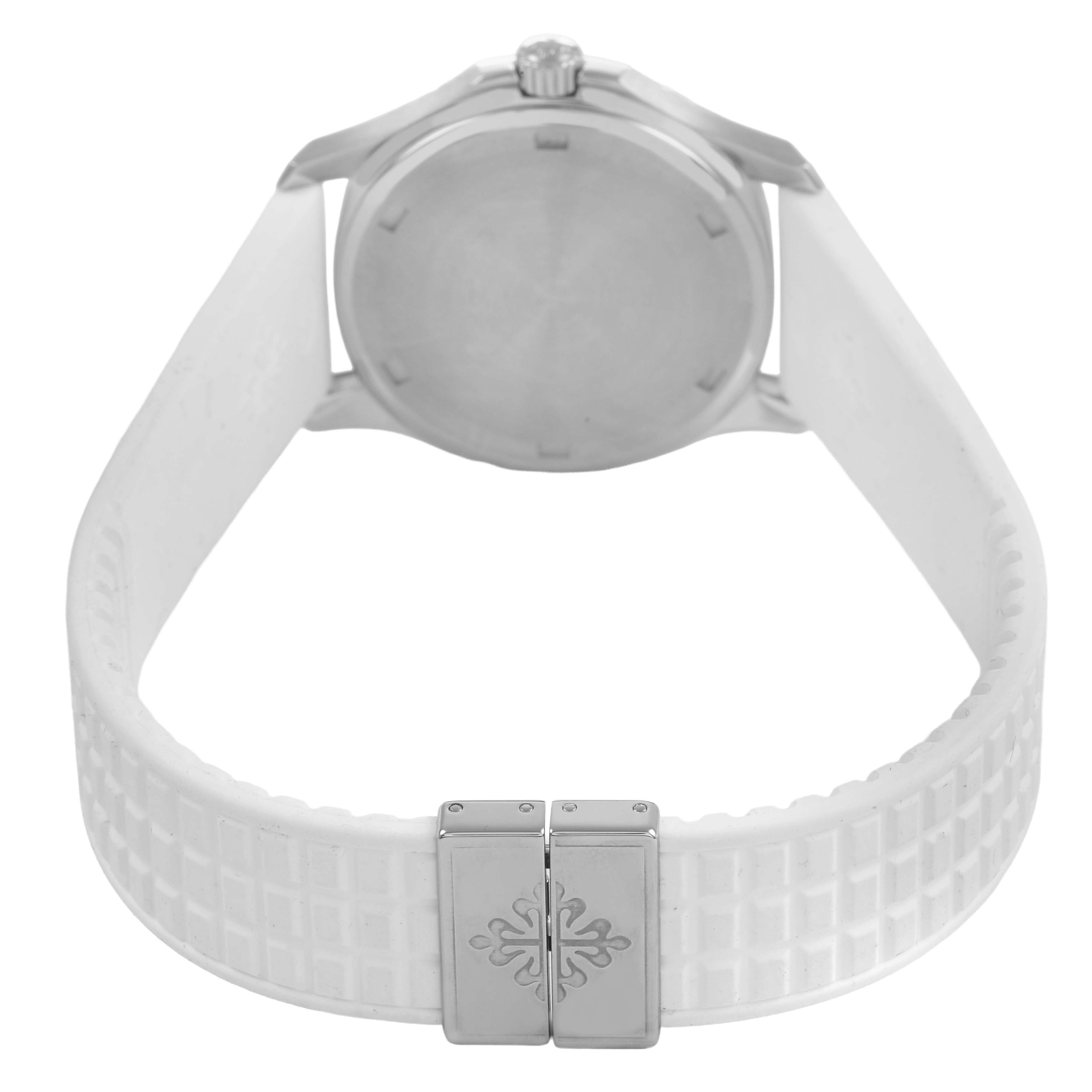 The image shows the back and clasp of a Patek Philippe Aquanaut 5067A/011 Women's Stainless Steel White Dial watch from a rear angle.


