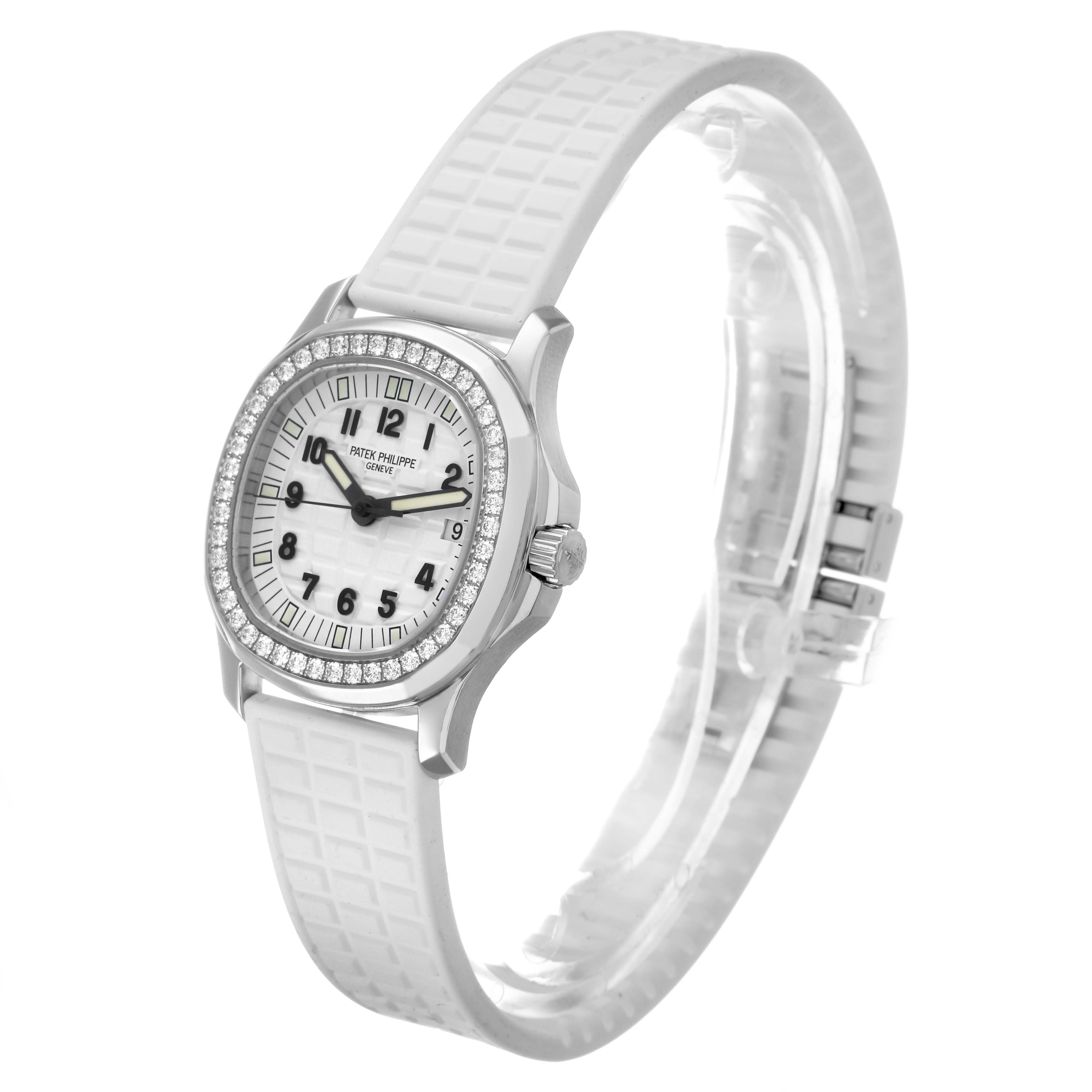 The Patek Philippe Aquanaut 5067A/011 Women's Stainless Steel White Dial watch is shown at an angled side view, displaying the dial, case, bezel, and strap.