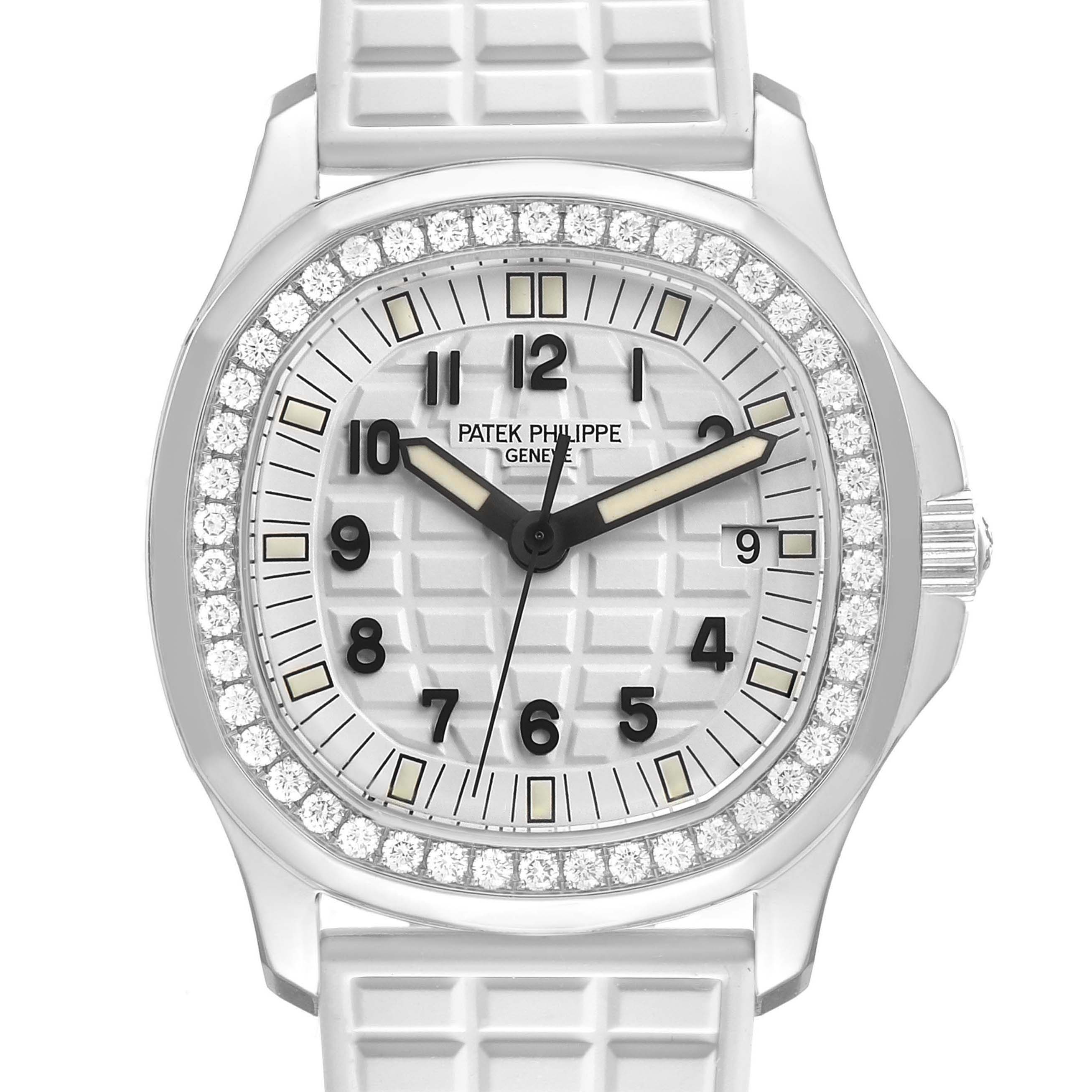The Patek Philippe Aquanaut 5067A/011 Women's Stainless Steel White Dial watch is shown from a front angle, highlighting the face, bezel with diamonds, and strap.