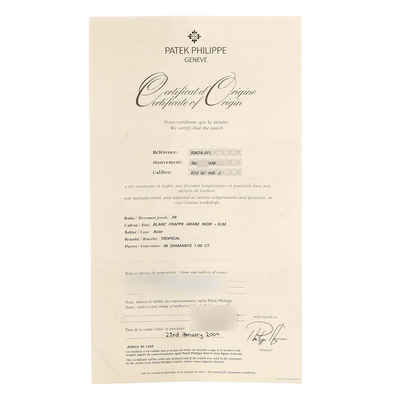 The image shows a Certificate of Origin for a Patek Philippe Aquanaut 5067A/011 Women's Stainless Steel White Dial watch.