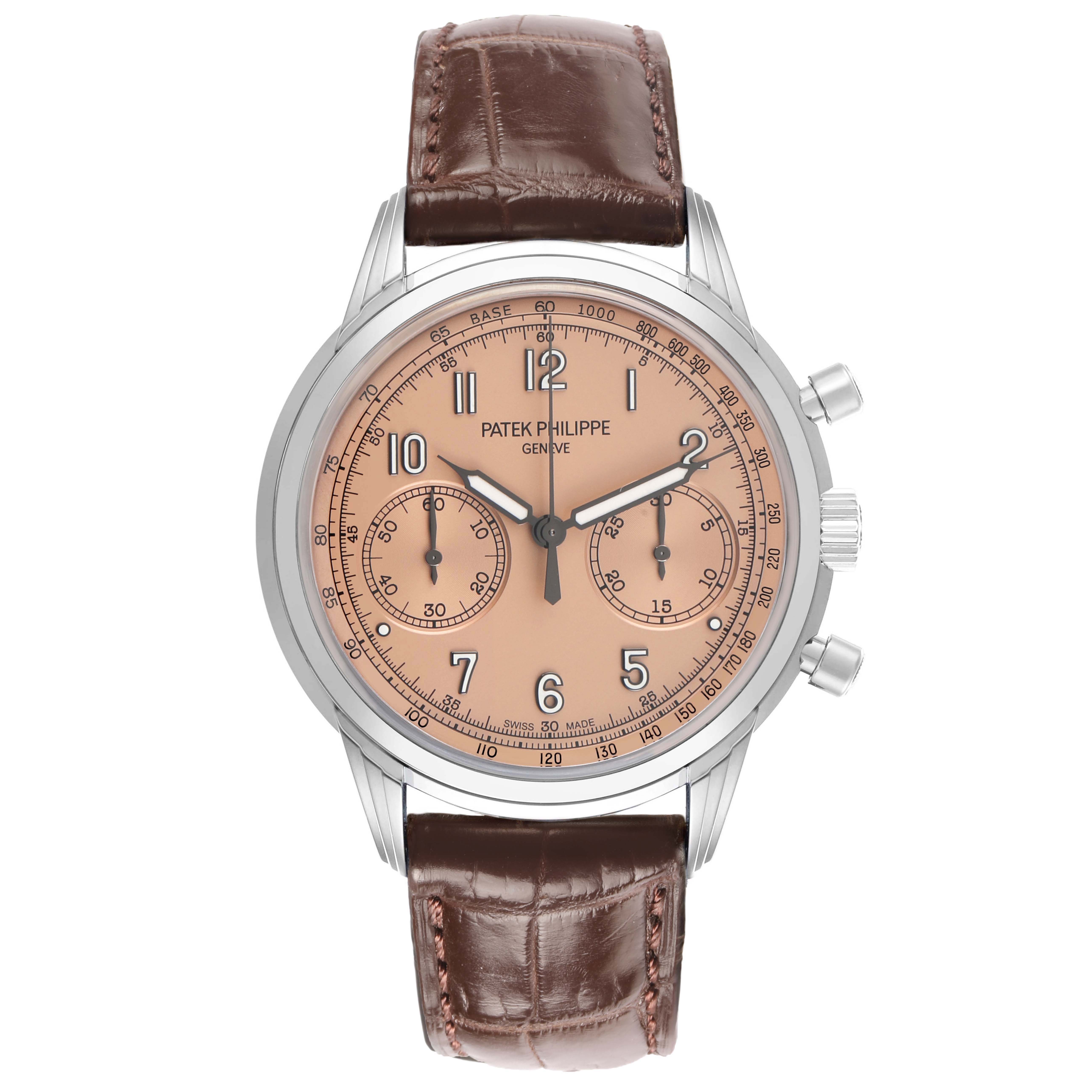 The Patek Philippe Complications 5172G-001 Men's White Gold Champagne Dial watch is shown from a top-down angle, displaying the dial, case, and leather strap.