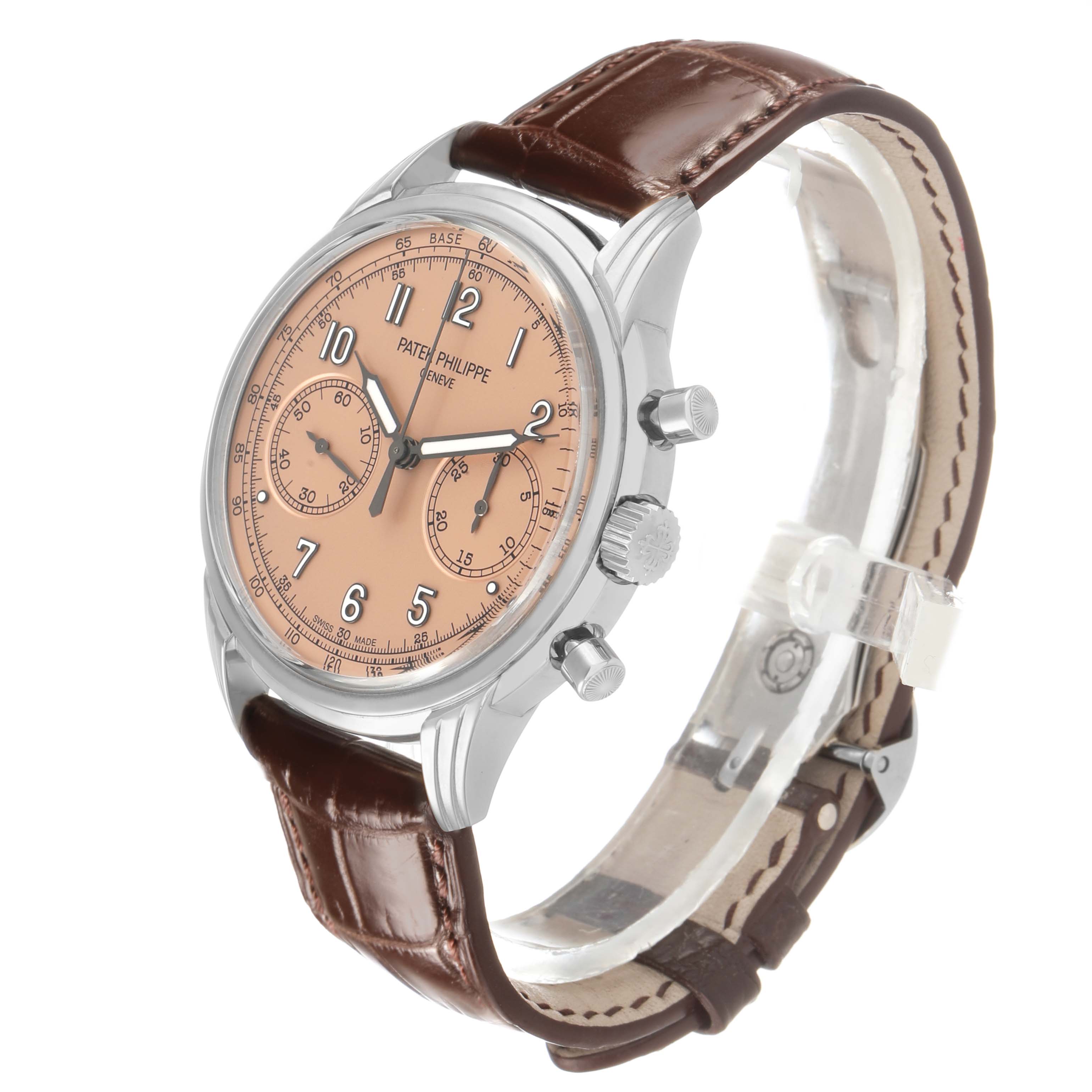 The Patek Philippe Complications 5172G-001 Men's White Gold Champagne Dial watch is shown at a three-quarter angle, displaying the dial, crown, pushers, and leather strap.