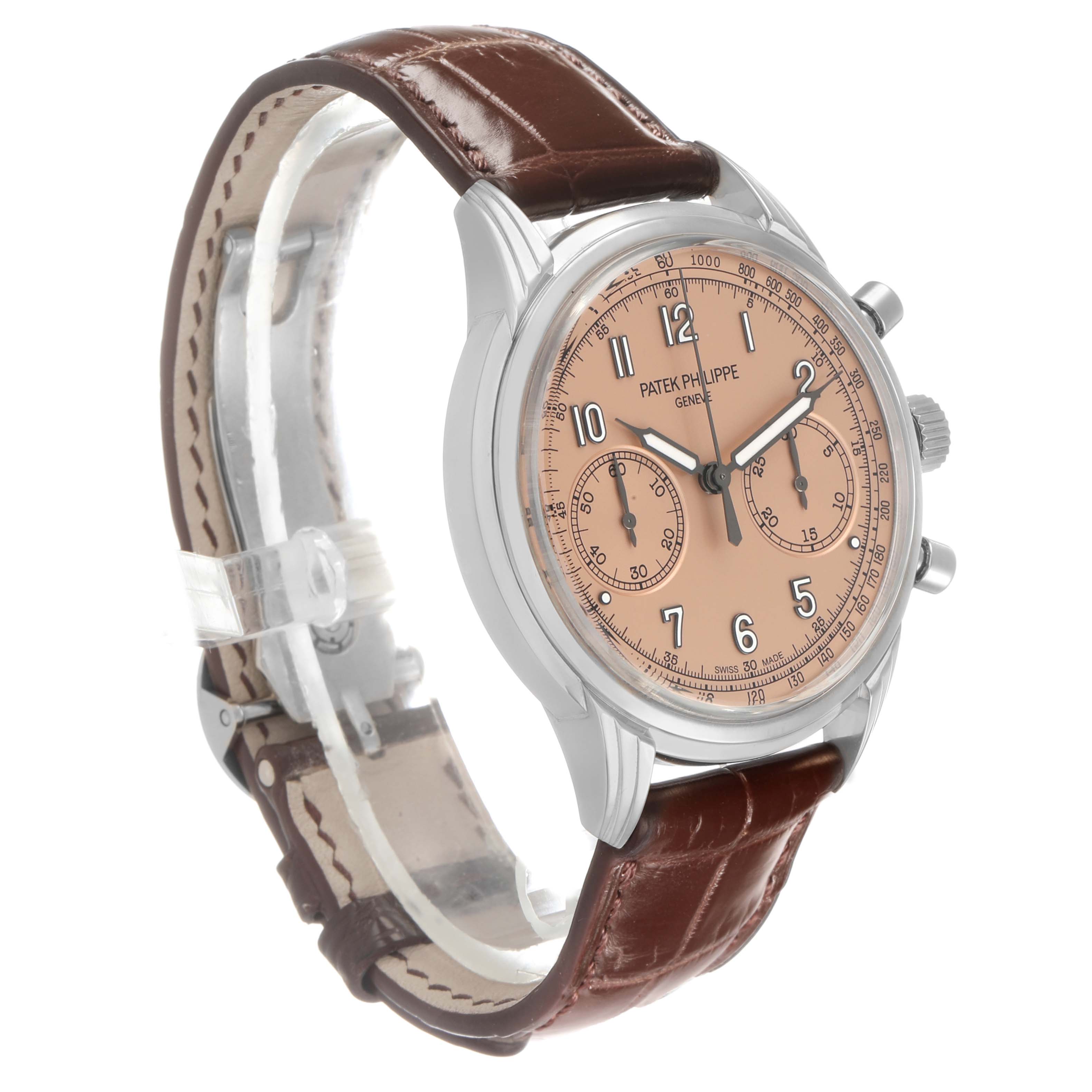 The Patek Philippe Complications 5172G-001 Men's White Gold Champagne Dial watch is shown at a side angle, highlighting the dial, crown, and leather strap.