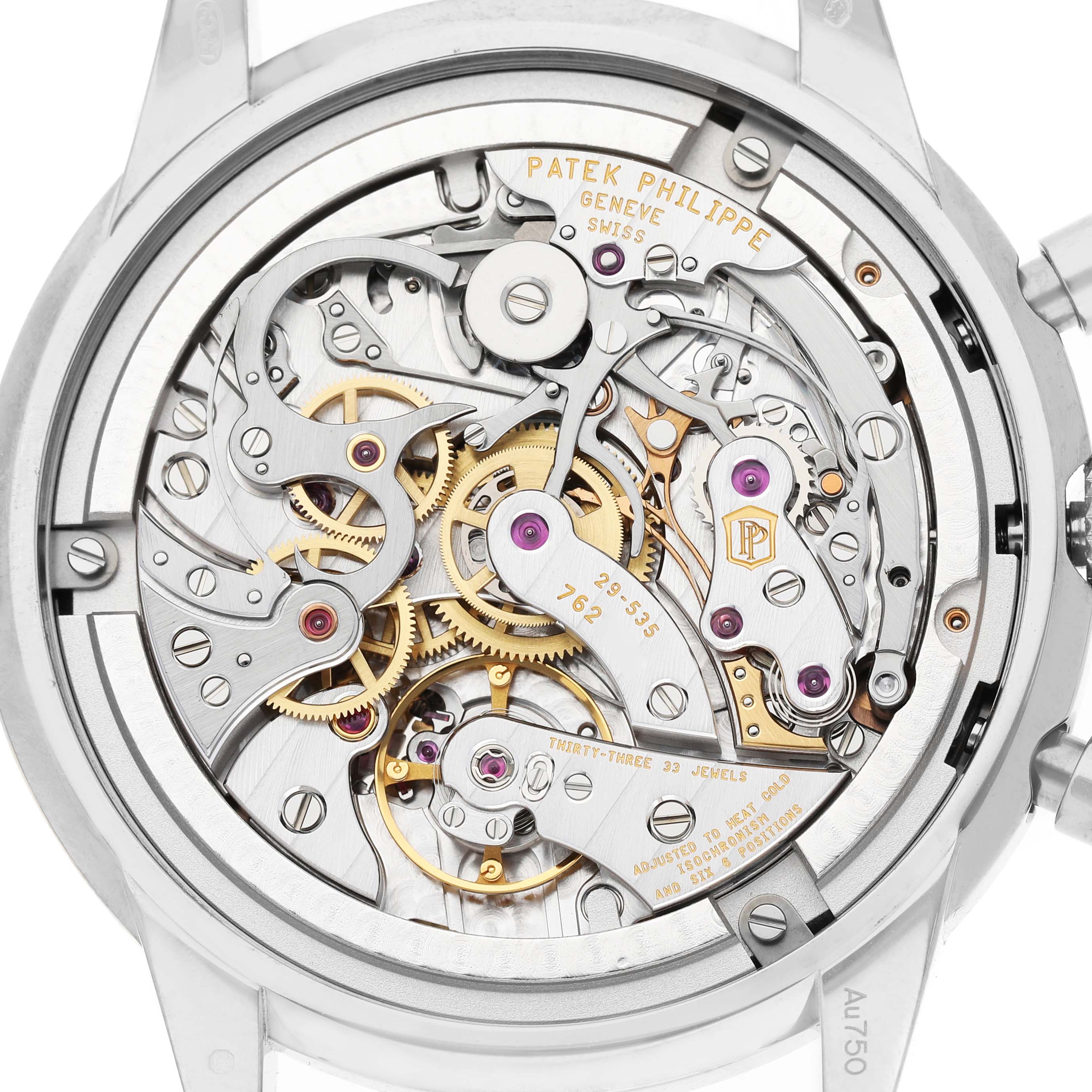 The image shows the intricate movement and gears of a Patek Philippe Complications 5172G-001 Men's White Gold Champagne Dial watch from a back view.