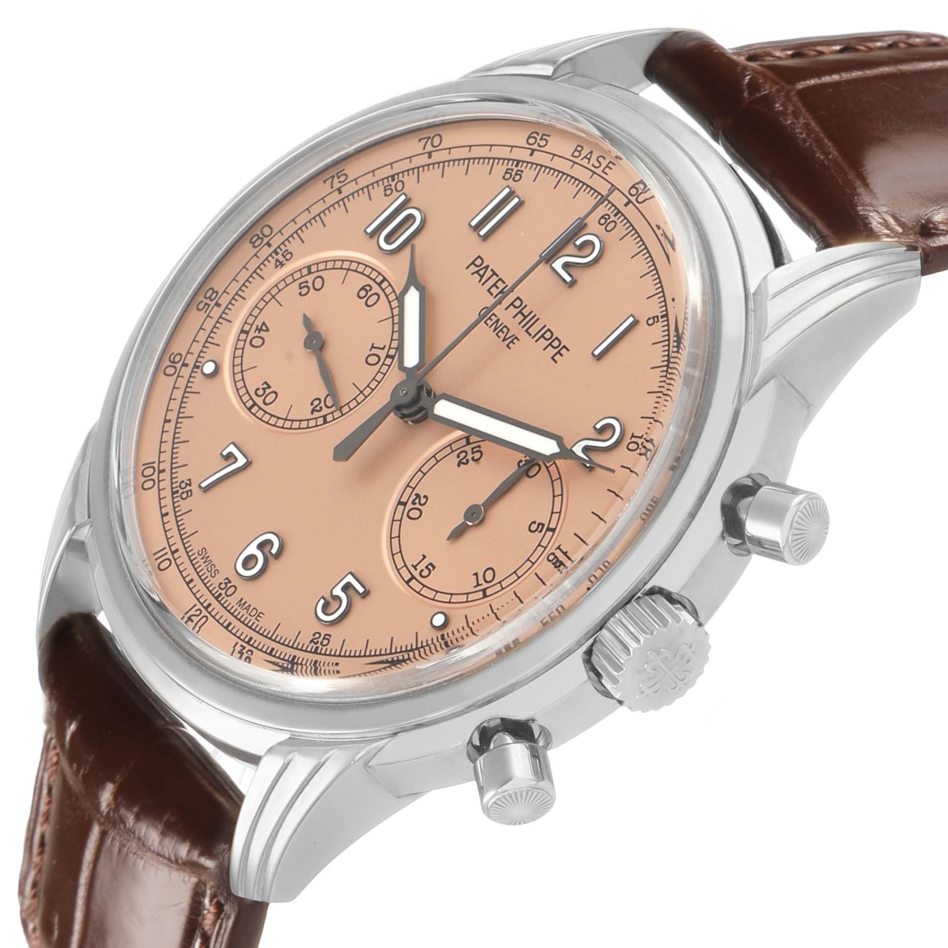 The image shows a Patek Philippe Complications 5172G-001 Men's White Gold Champagne Dial watch at an angled view, highlighting the dial, case, and crown.