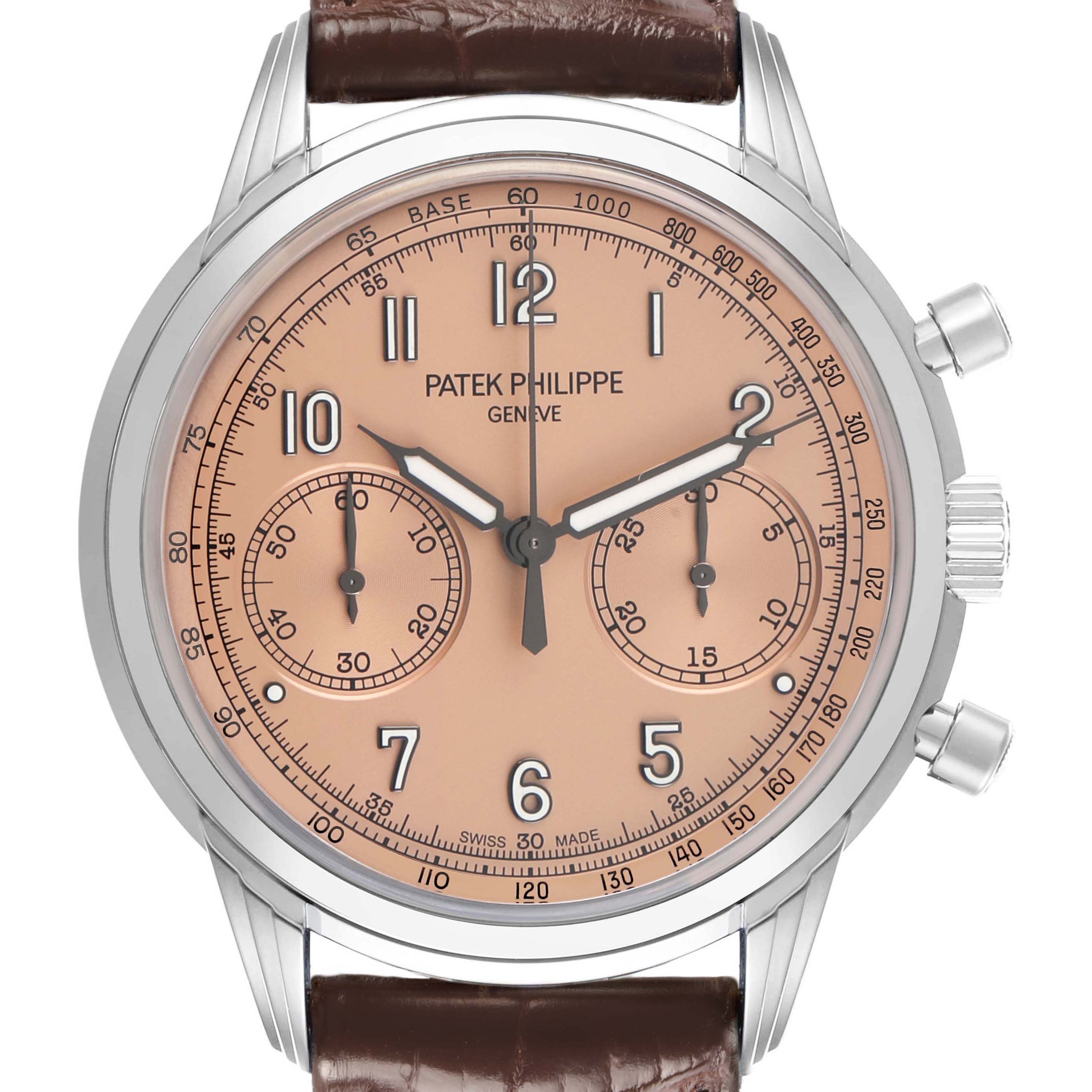The Patek Philippe Complications 5172G-001 Men's White Gold Champagne Dial watch is shown from the front, displaying the dial, hands, subdials, and pushers on the right.