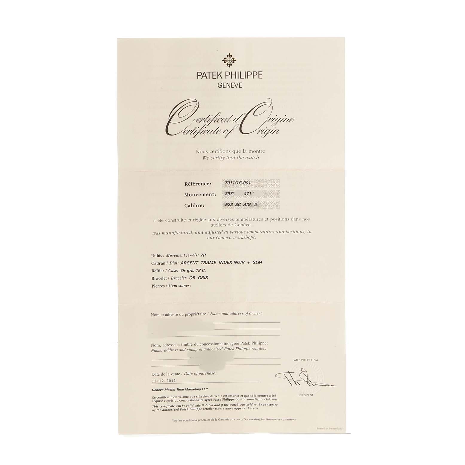 The image shows the Certificate of Origin for a Patek Philippe Nautilus 7011/1G-001 Women's White Gold Silver Dial watch, detailing model and movement information.