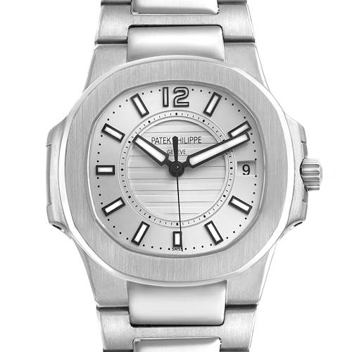 The image shows a front view of a Patek Philippe Nautilus 7011/1G-001 Women's White Gold Silver Dial watch, highlighting the dial, case, bracelet, and crown.
