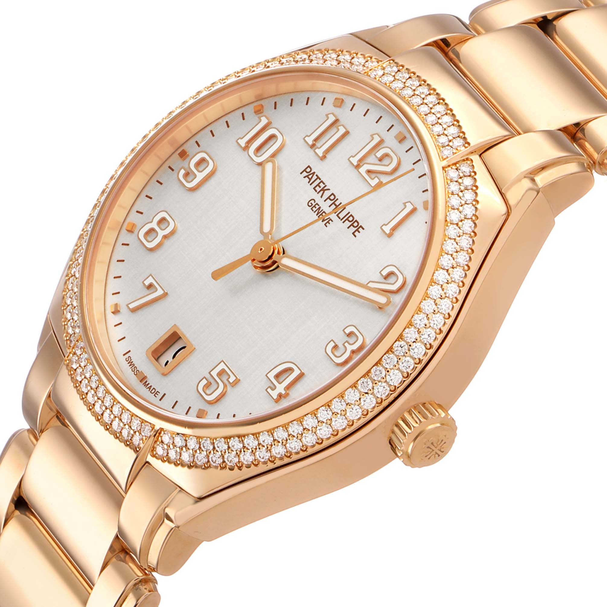 The Patek Philippe Twenty-4 7300/1200R-010 Women's Rose Gold Silver Dial watch is shown from an angled top view, highlighting the dial, bezel, crown, and bracelet.