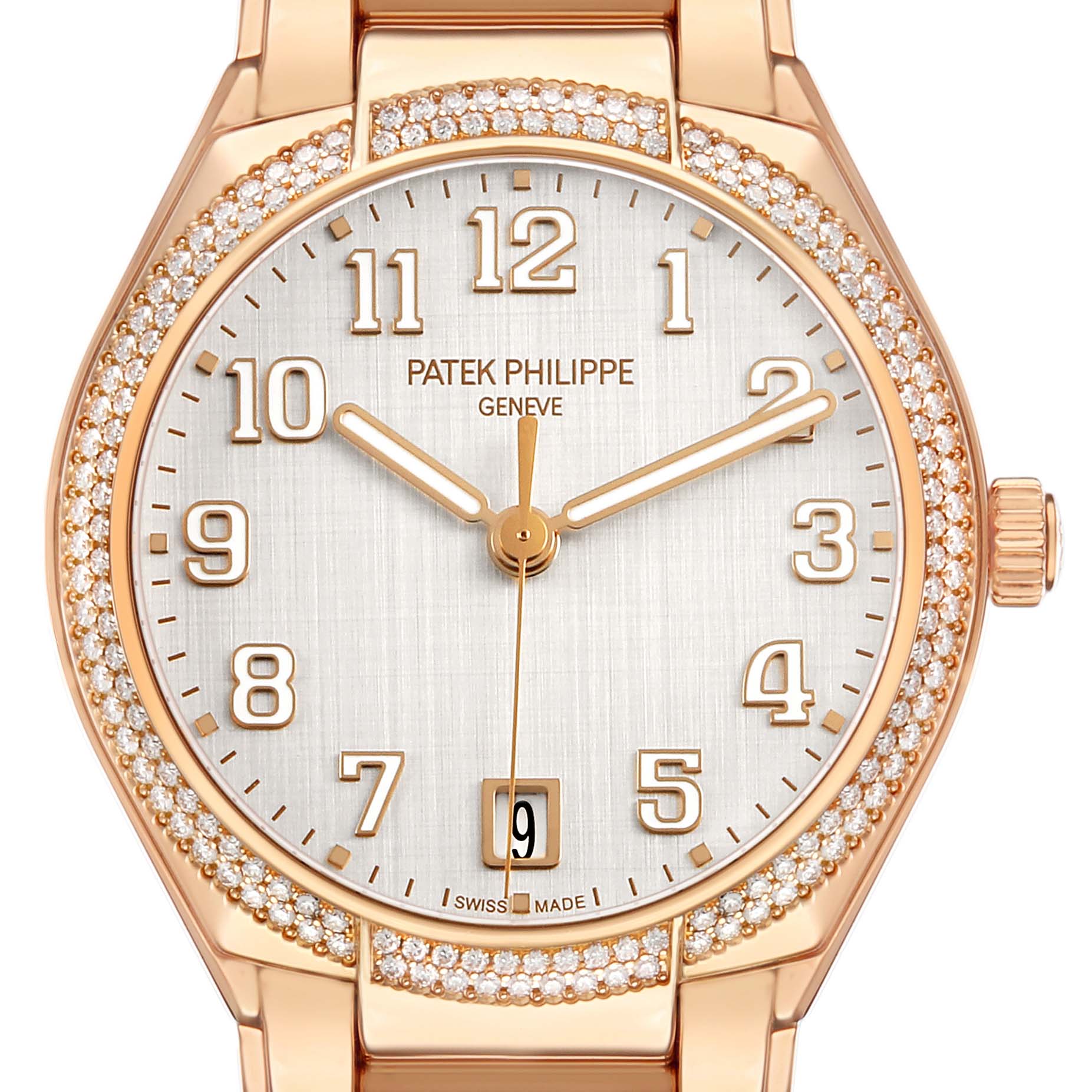The Patek Philippe Twenty-4 7300/1200R-010 Women's Rose Gold Silver Dial watch is shown from the front, displaying the dial, hands, numerals, and diamond-set bezel.