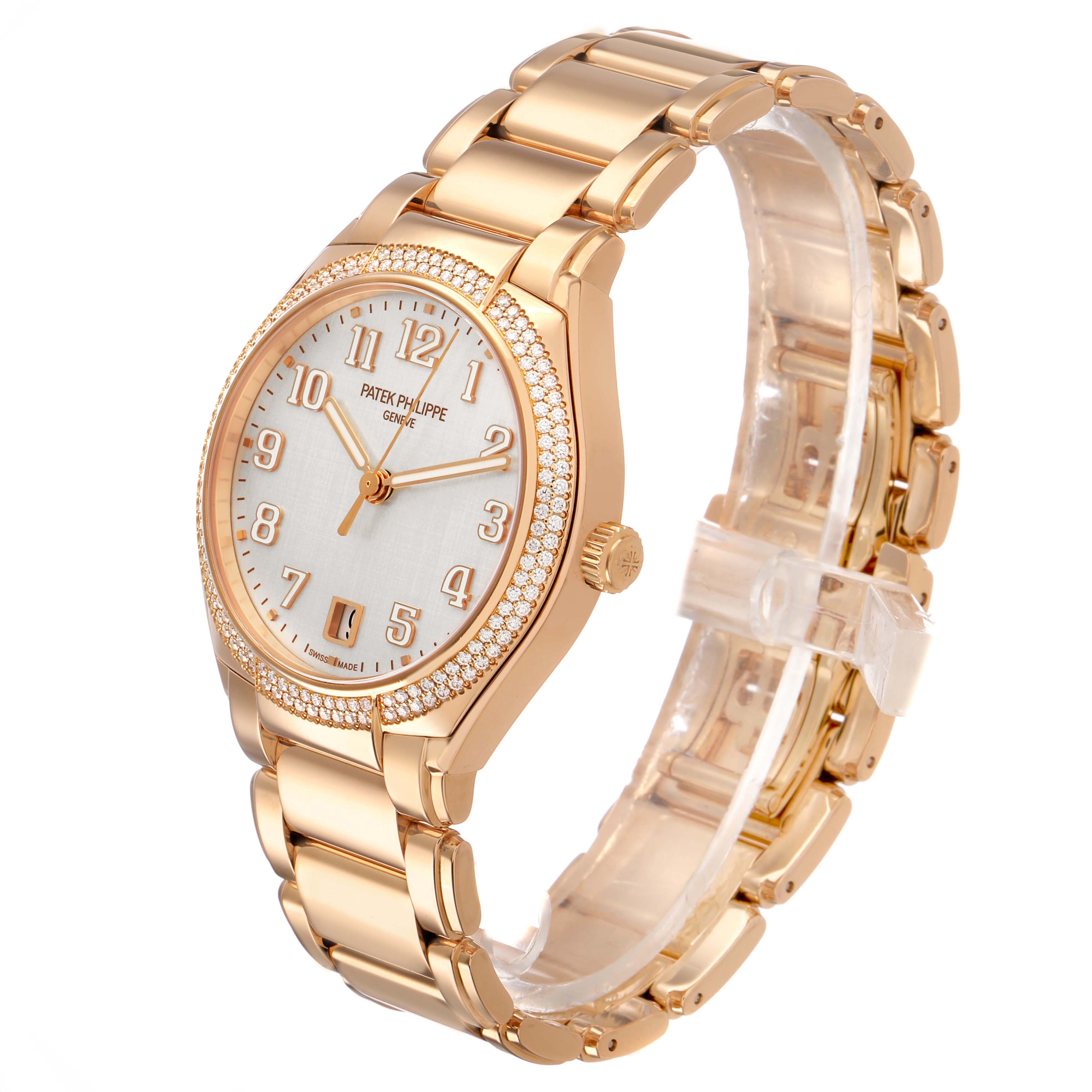The image shows a Patek Philippe Twenty-4 7300/1200R-010 Women's Rose Gold Silver Dial watch at a three-quarter angle, highlighting the face, bezel, and bracelet.