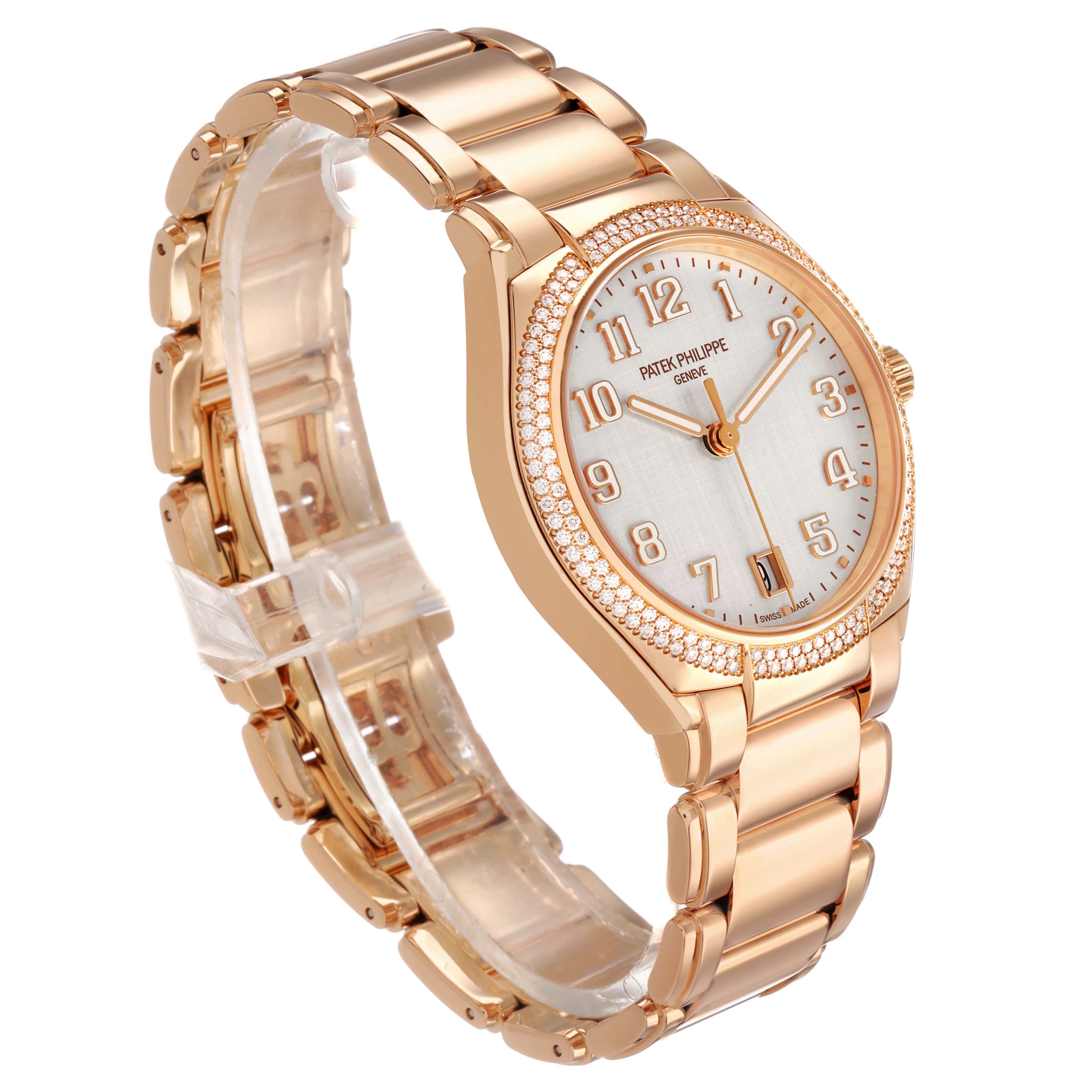 The Patek Philippe Twenty-4 7300/1200R-010 Women's Rose Gold Silver Dial watch is shown at an angled side view, displaying the dial, bezel, and bracelet.