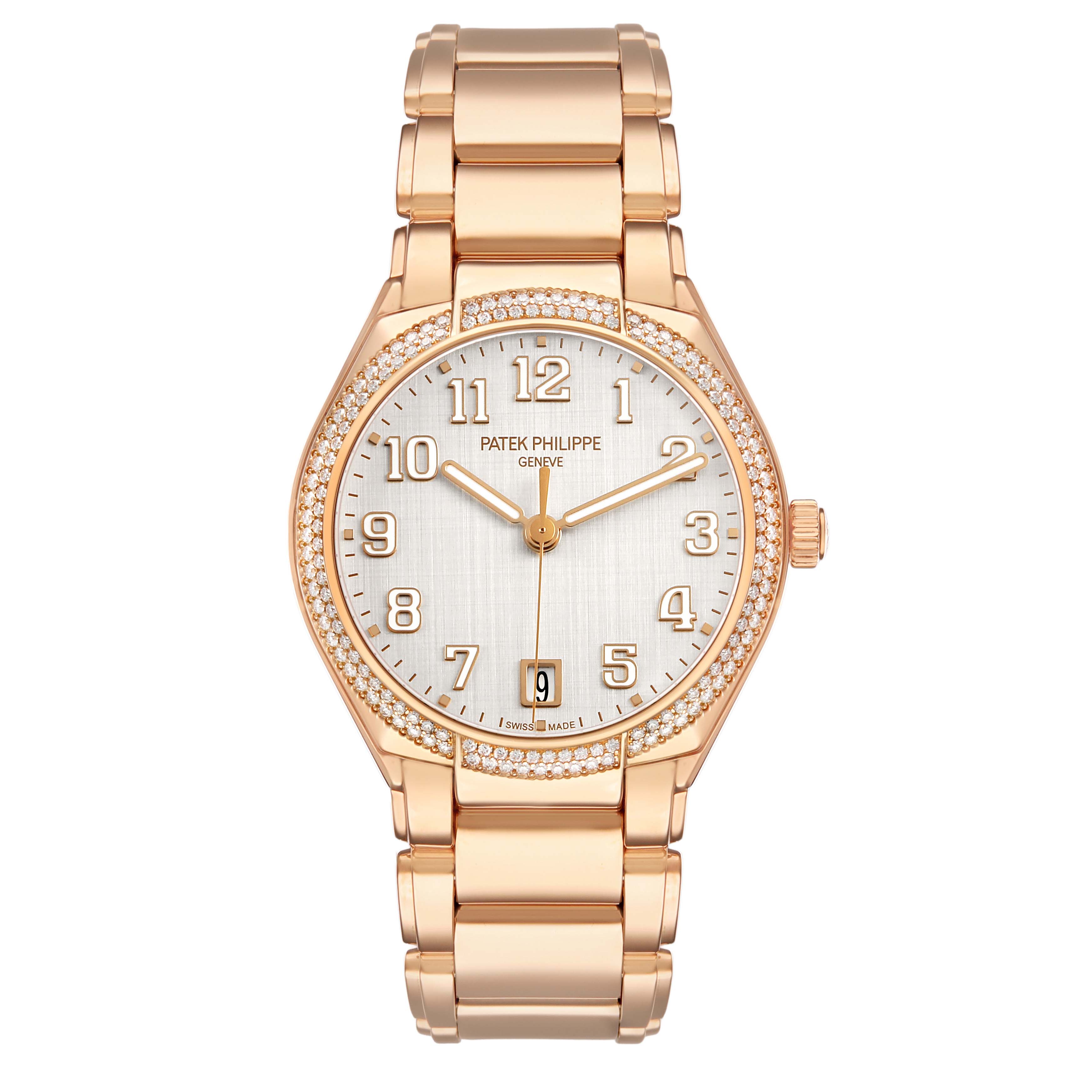 The Patek Philippe Twenty-4 7300/1200R-010 Women's Rose Gold Silver Dial watch is shown from a front angle, displaying its dial, bezel with gems, and metal bracelet.