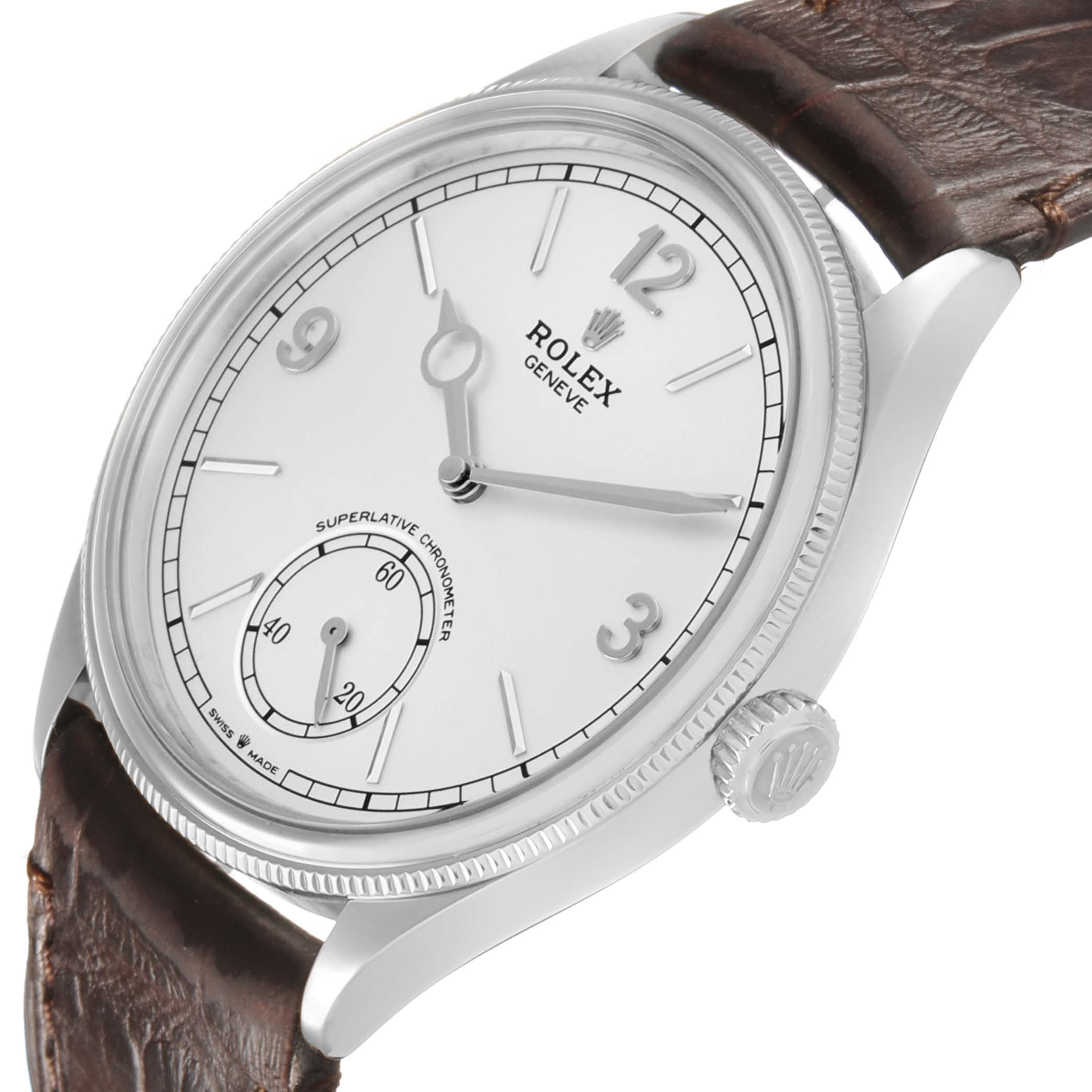 The Rolex Cellini 52509 Men's White Gold Silver Dial watch is shown from a front-side angle, highlighting the dial, case, crown, and part of the leather strap.