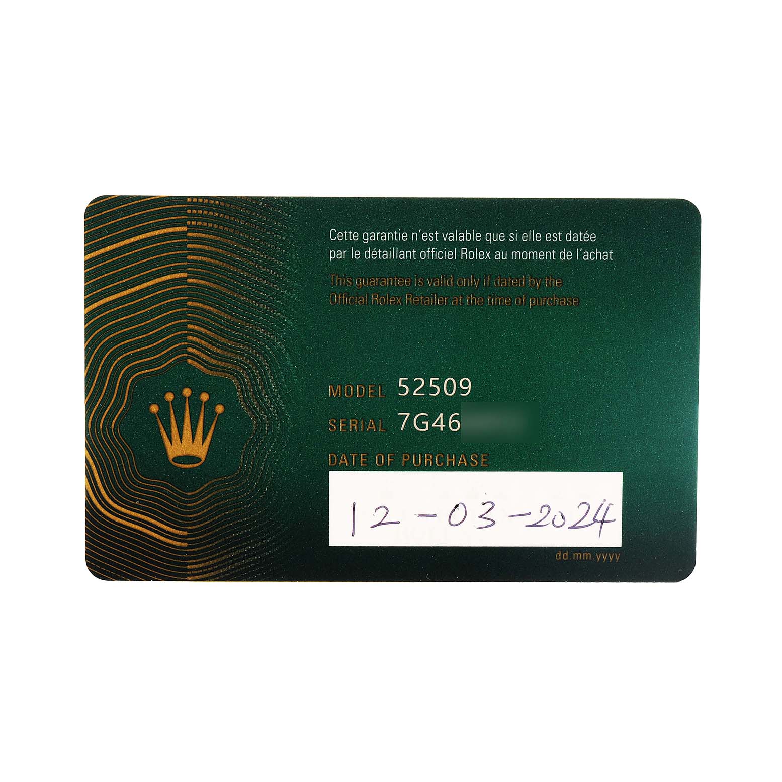 The image shows a green warranty card for the Rolex Cellini 52509 Men's White Gold Silver Dial model, labeled with model and serial numbers.