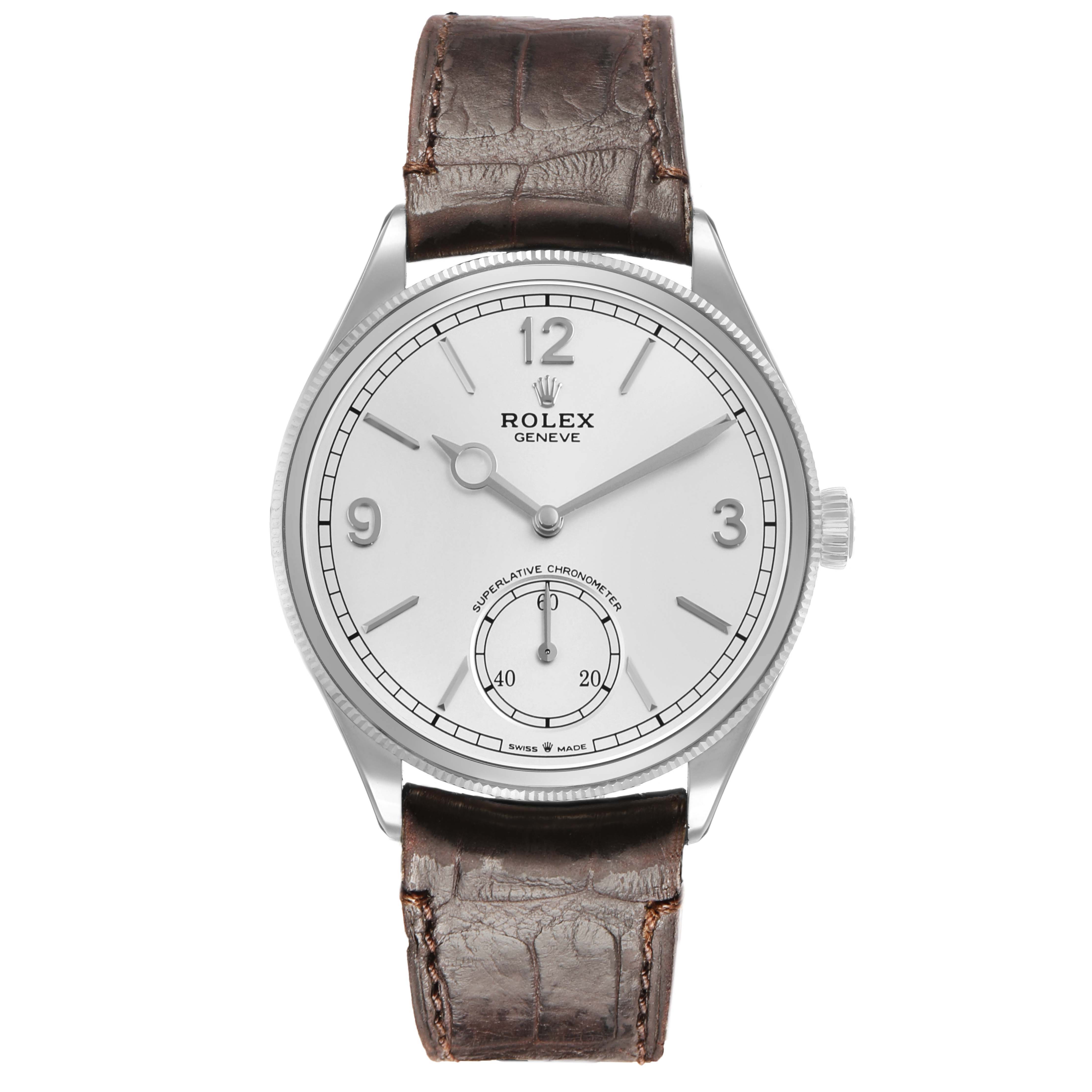 The Rolex Cellini 52509 Men's White Gold Silver Dial watch is shown from the front, displaying its dial, hands, crown, and brown leather strap.