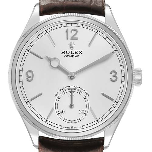 The Rolex Cellini 52509 Men's White Gold Silver Dial watch is shown from a front angle, displaying its dial, crown, and part of the leather strap.