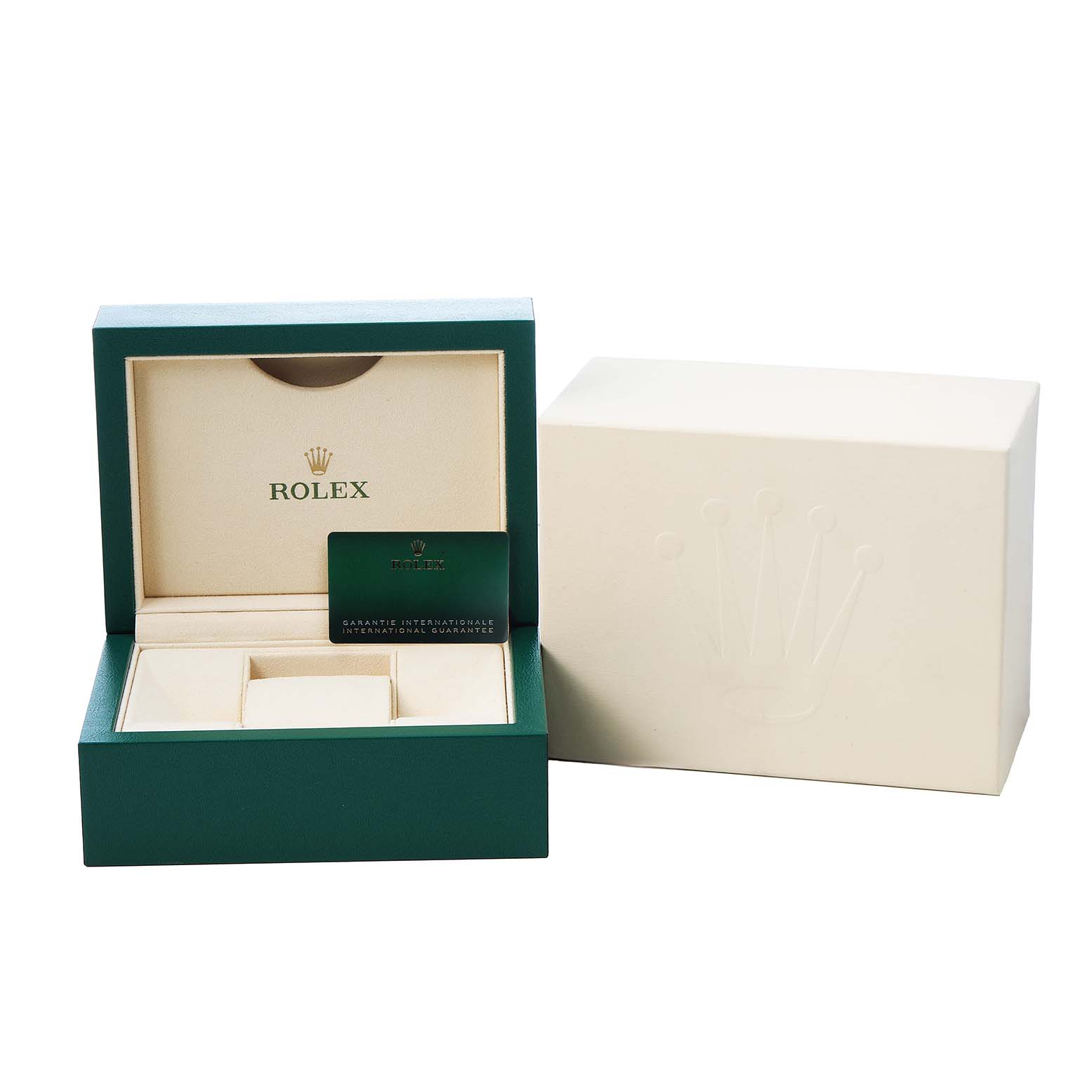 The image shows a Rolex Cellini 52509 Men's White Gold Silver Dial watch box, warranty card, and outer box from a front angle.