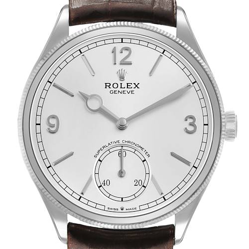 The Rolex Cellini 52509 Men's White Gold Silver Dial watch is shown from a front angle, displaying the dial, hour markers, hands, and part of the leather strap.