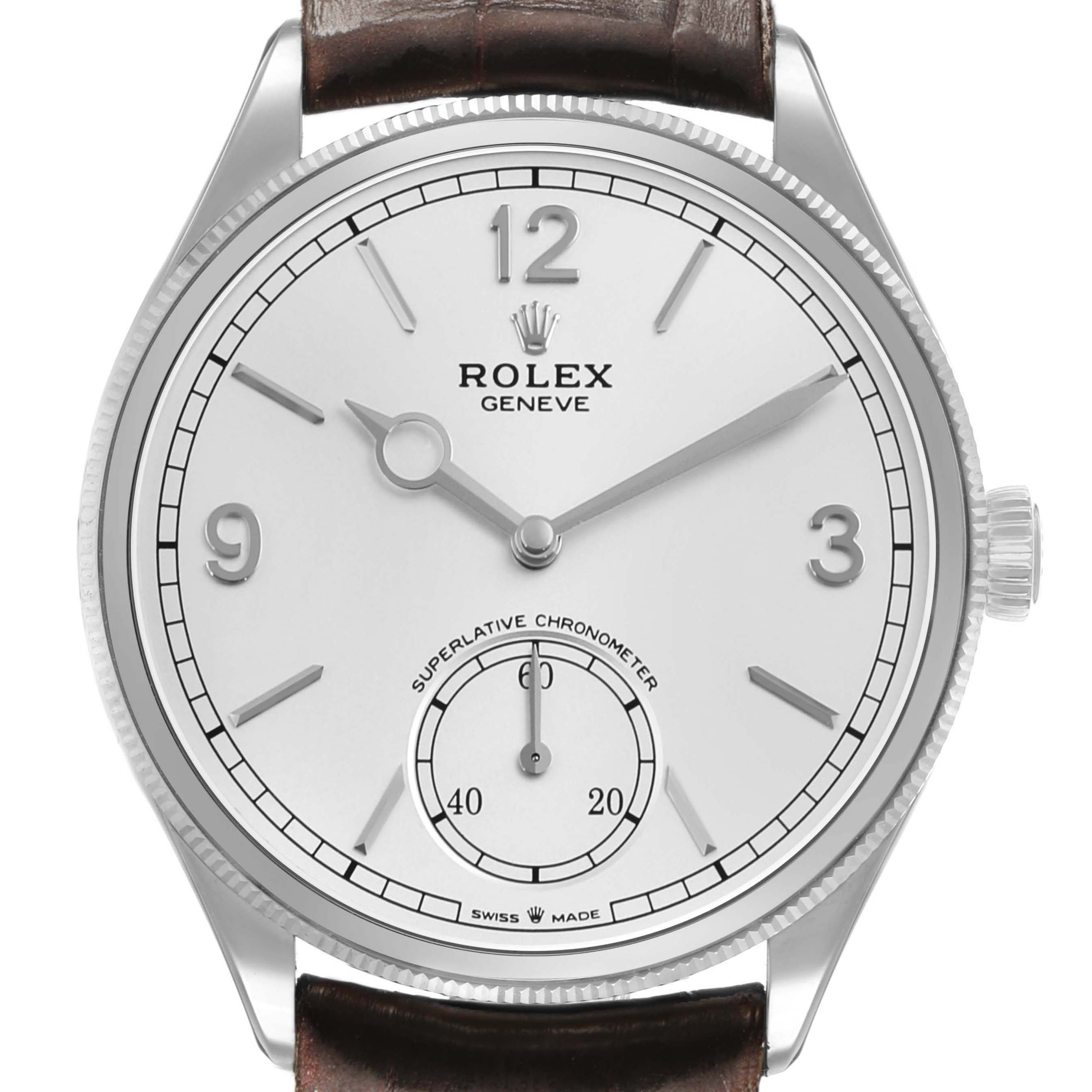 The Rolex Cellini 52509 Men's White Gold Silver Dial watch is shown from a front angle, displaying its dial, hour markers, hands, and crown.